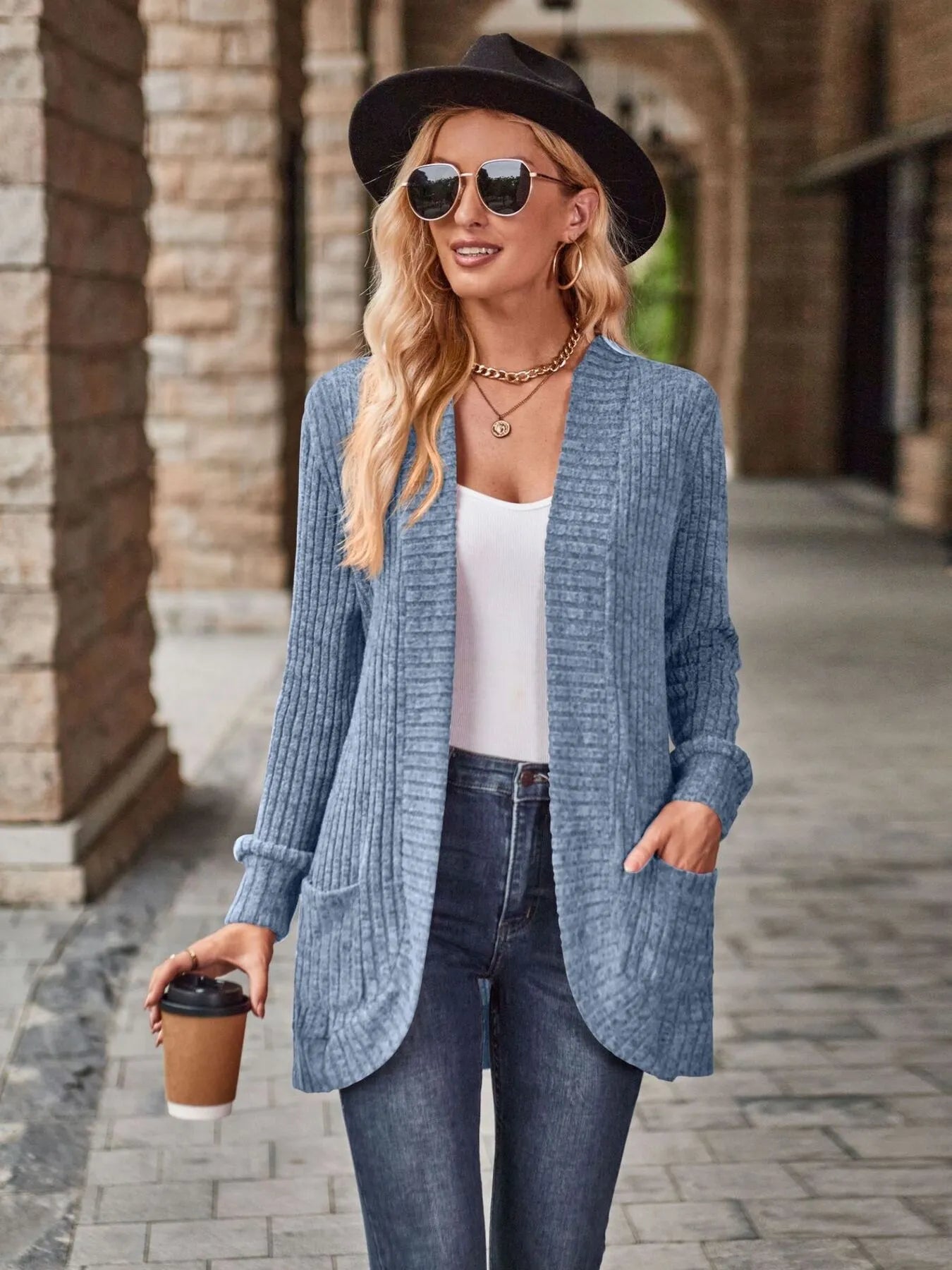 Ribbed Open Front Long Cardigan with Pockets - Maria de Fatima Andrade