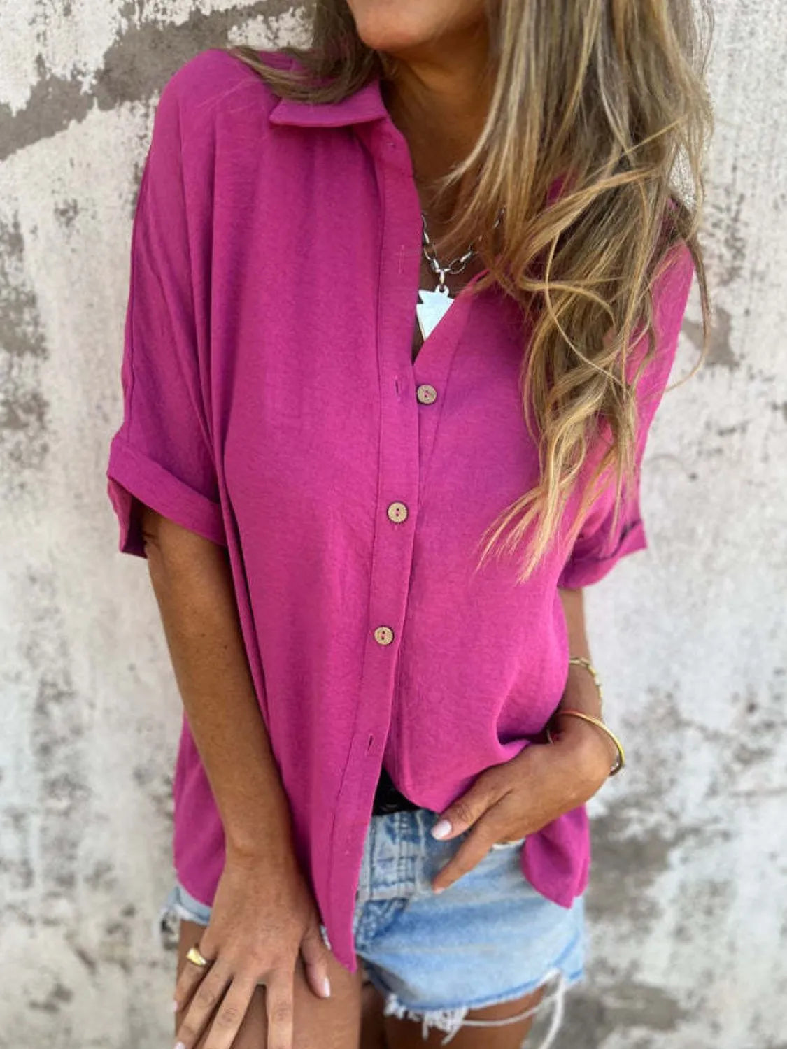 Full Size Collared Neck Half Sleeve Shirt Plus Size - Maria de Fatima Andrade