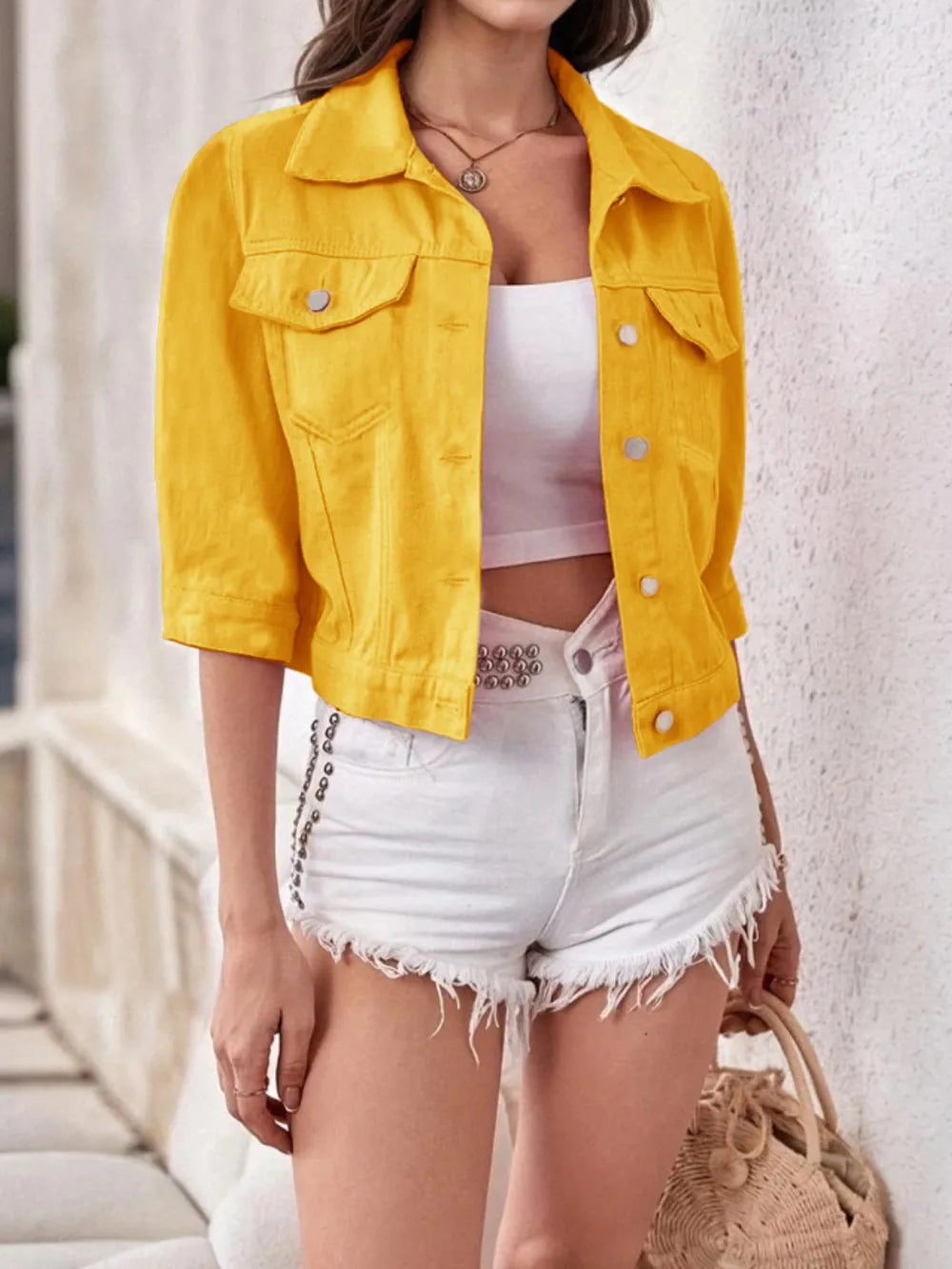 Full Size Cropped  Denim Jacket Plus Size - Maria de Fatima Andrade