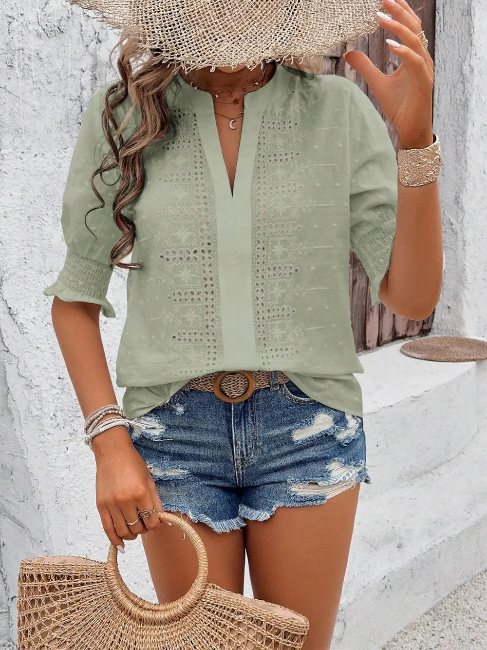 Eyelet Notched Flounce Sleeve Blouse - Maria de Fatima Andrade