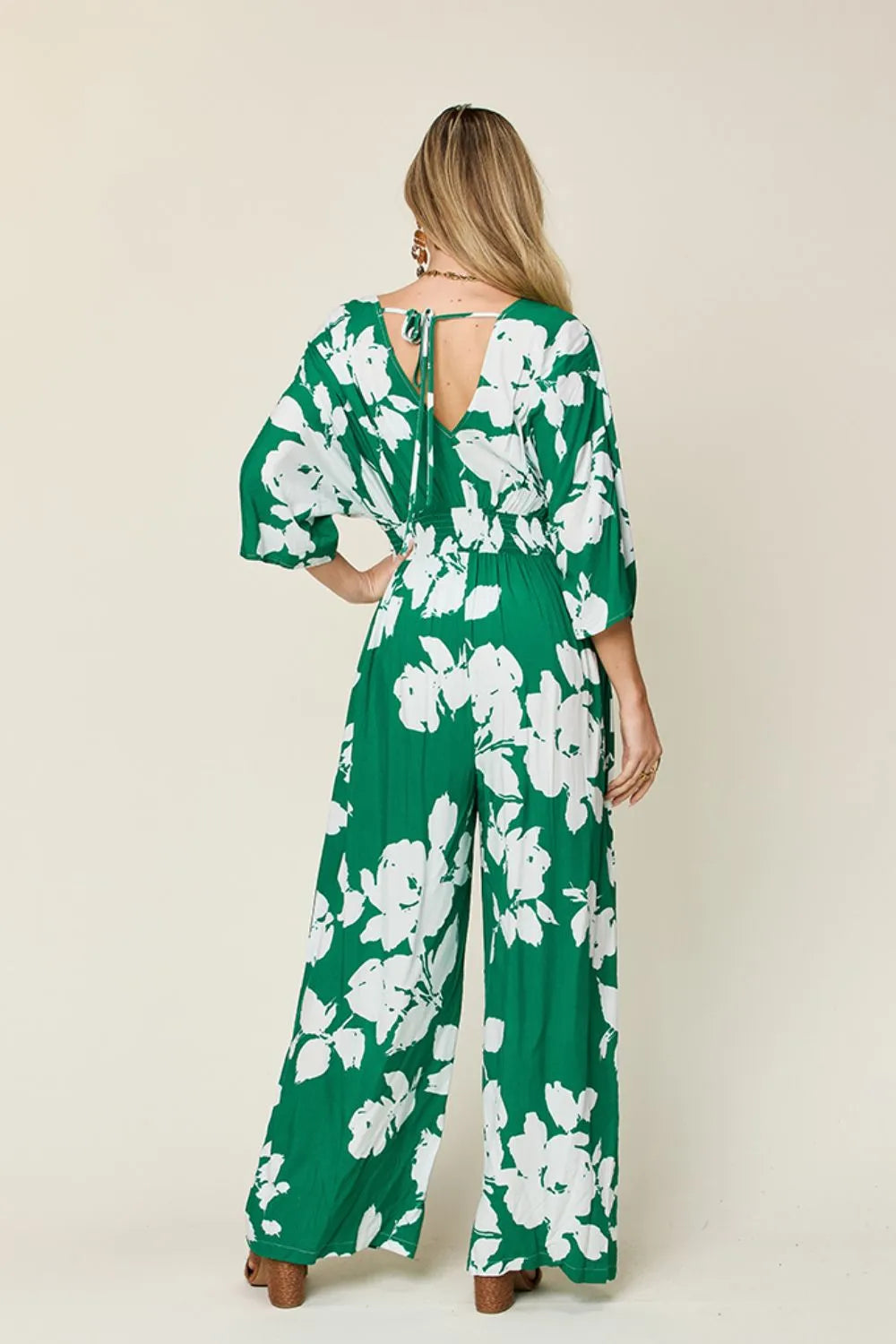 Double Take Full Size Printed Tie Back Wide Leg Jumpsuit - Maria de Fatima Andrade