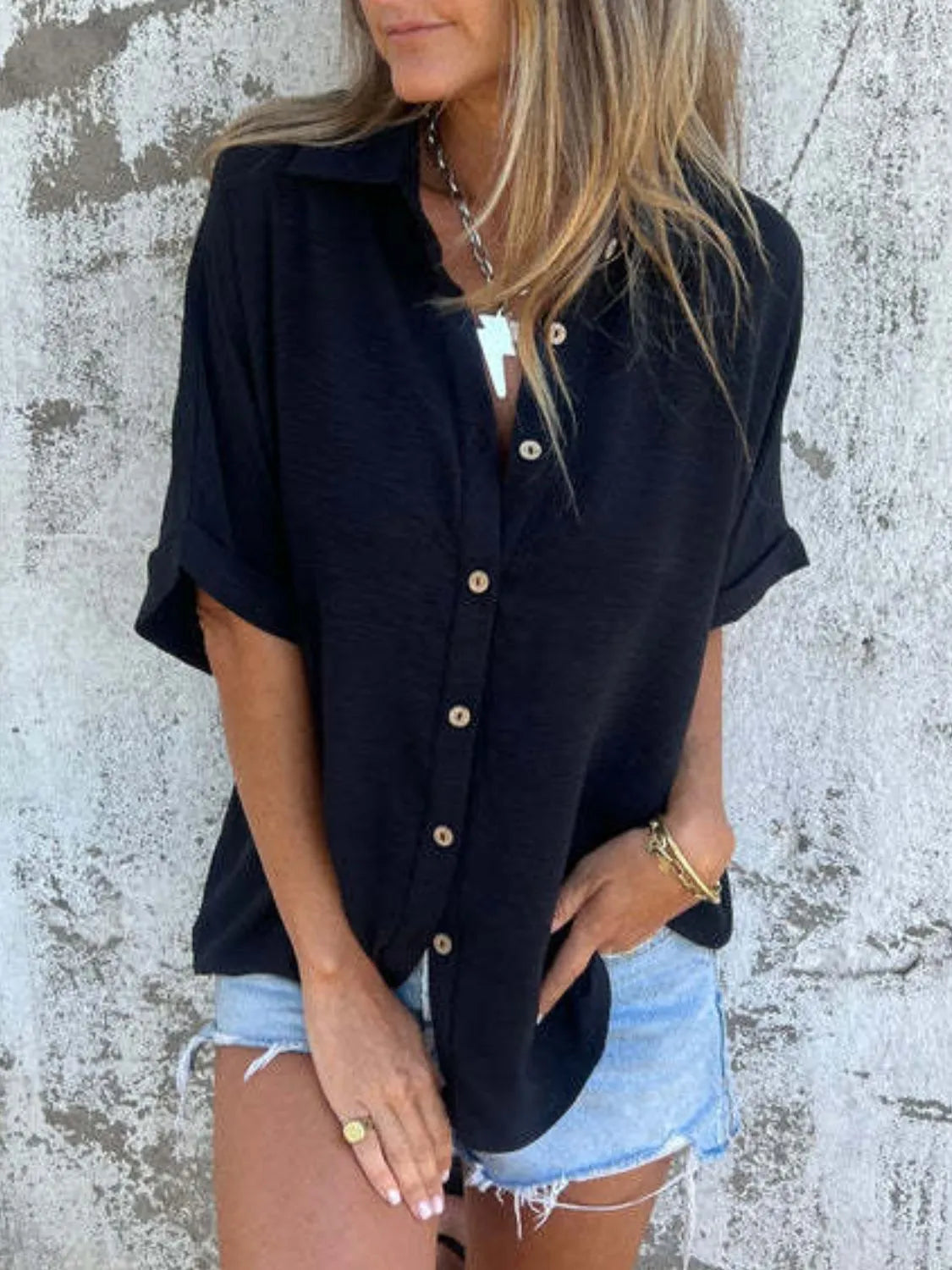 Full Size Collared Neck Half Sleeve Shirt Plus Size - Maria de Fatima Andrade