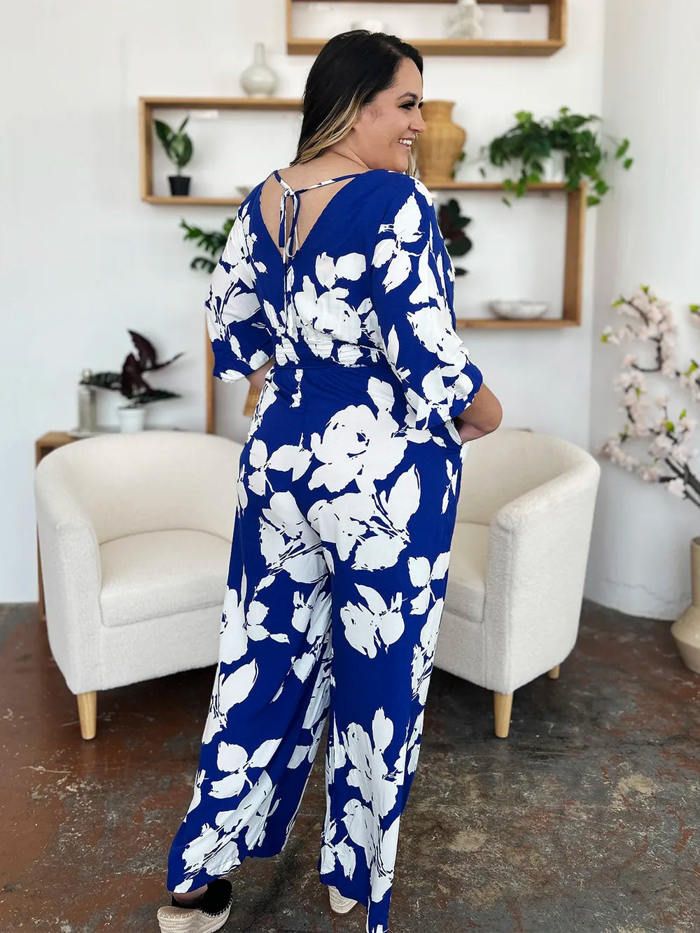 Double Take Full Size Printed Tie Back Wide Leg Jumpsuit - Maria de Fatima Andrade