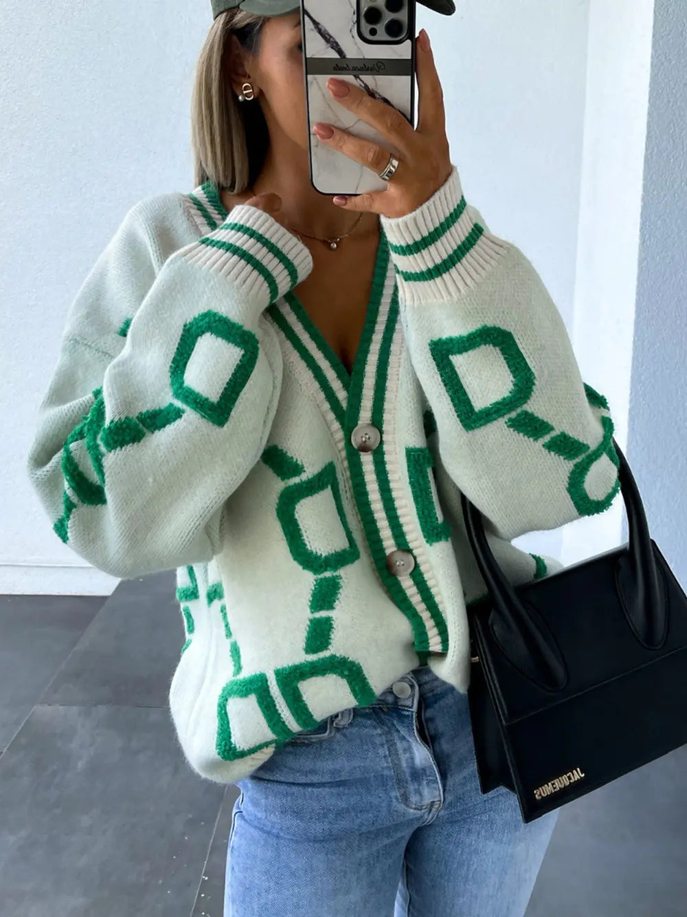 Geometric Dropped Shoulder Button Down Cardigan - Maria de Fatima Andrade