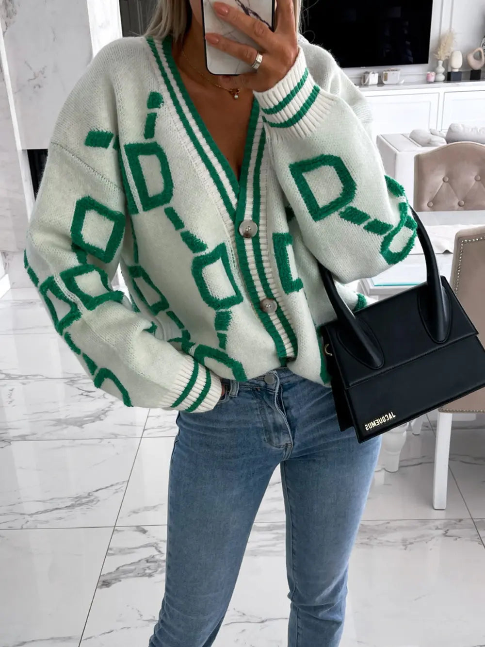 Geometric Dropped Shoulder Button Down Cardigan - Maria de Fatima Andrade