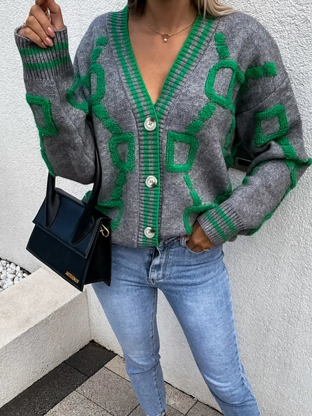 Geometric Dropped Shoulder Button Down Cardigan - Maria de Fatima Andrade