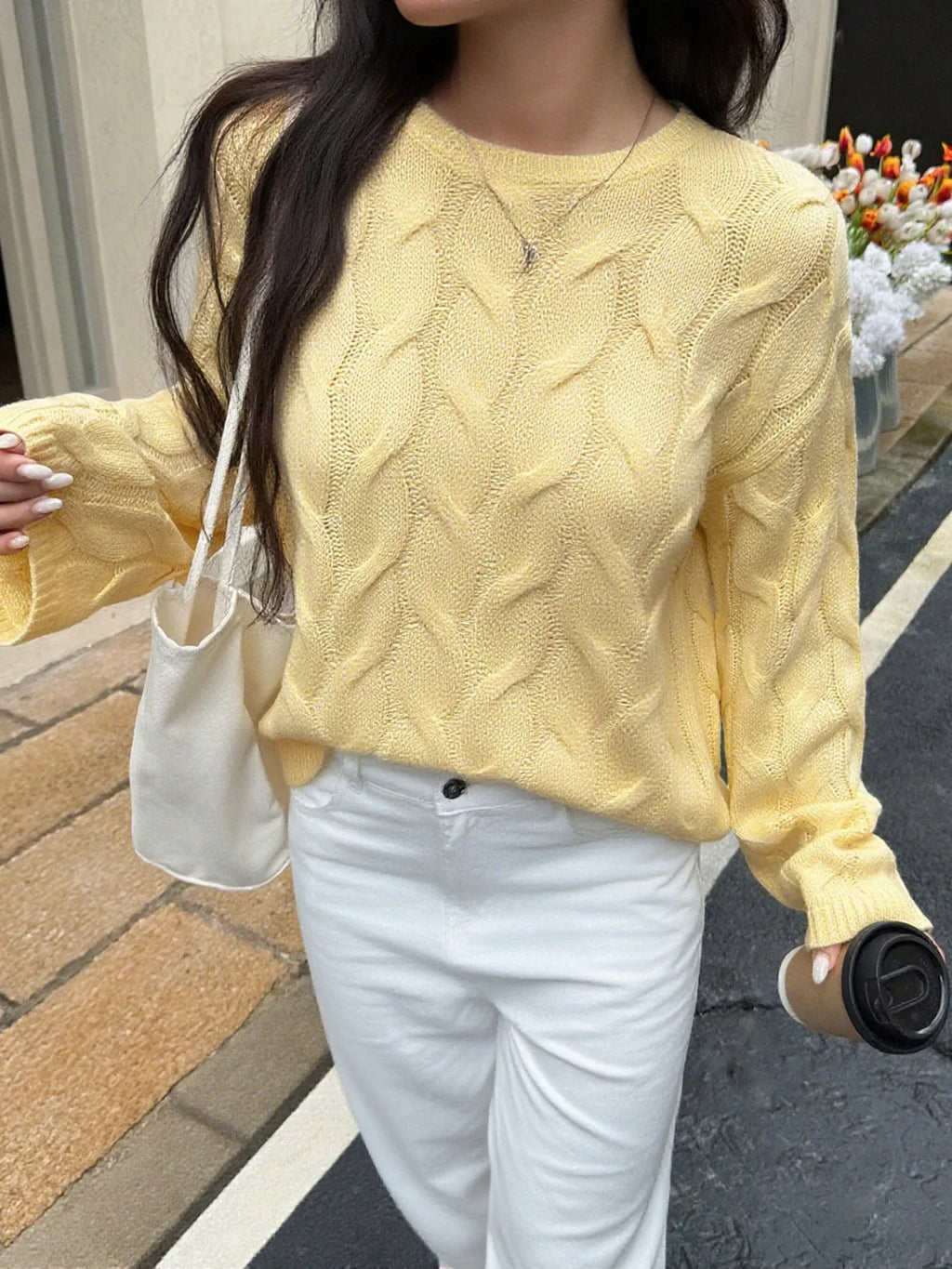 Cable Knit Long Sleeve Sweater - Maria de Fatima Andrade