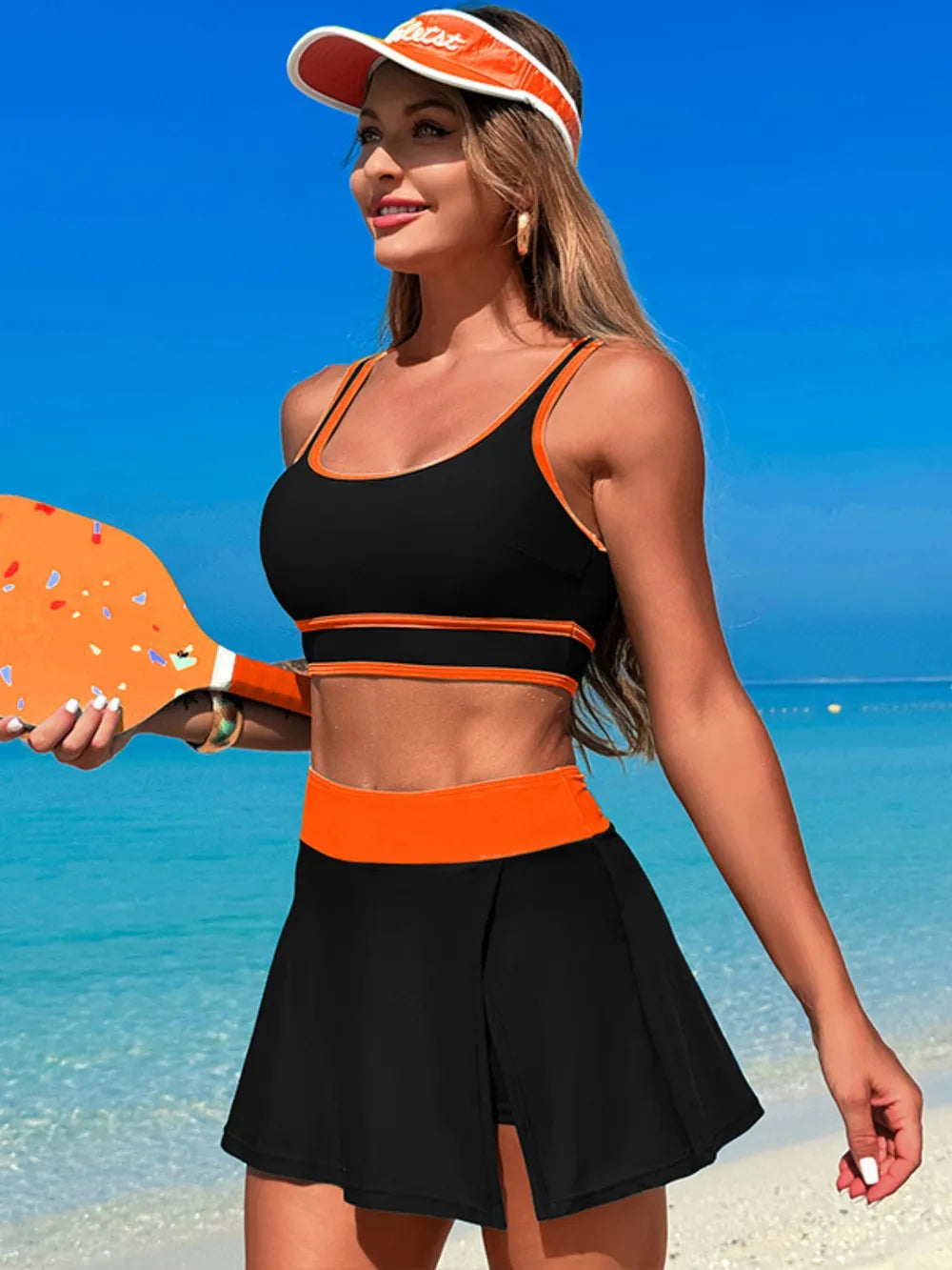 Scoop Neck Top and Skort Swim Set - Maria de Fatima Andrade