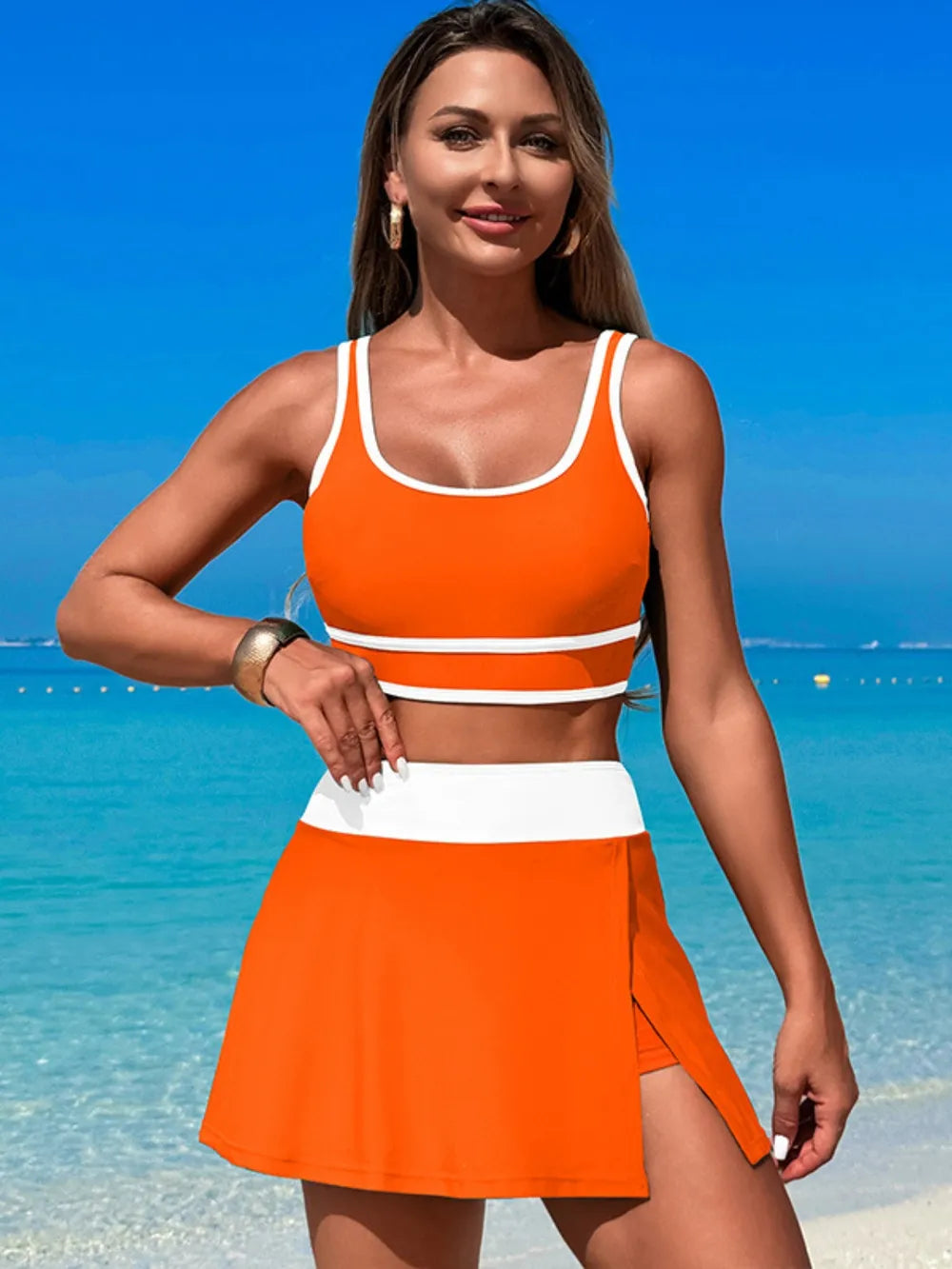 Scoop Neck Top and Skort Swim Set - Maria de Fatima Andrade