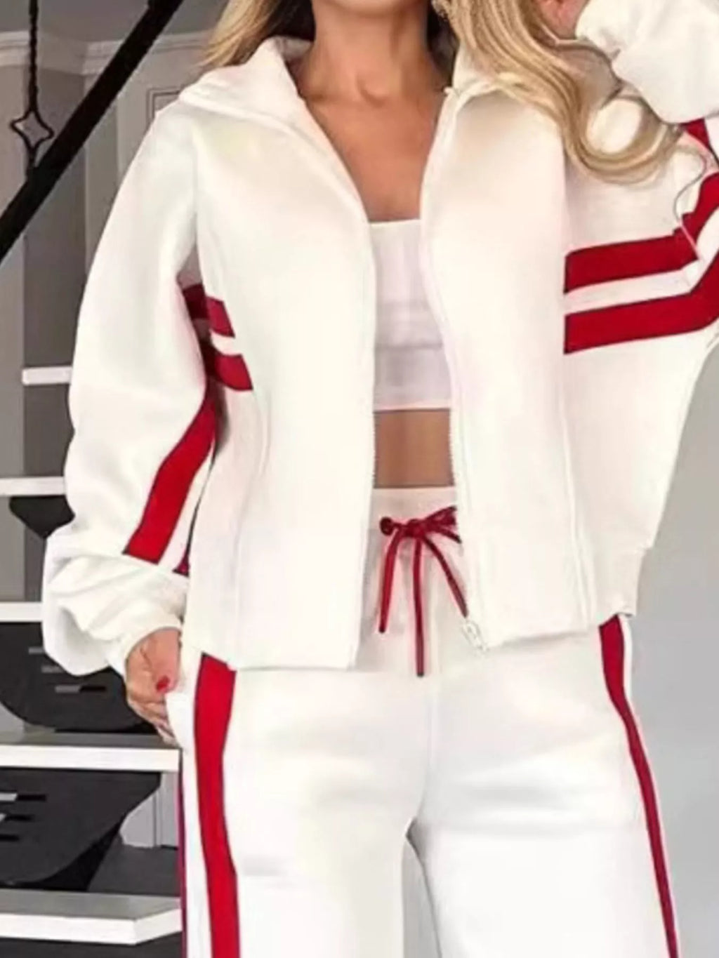 Contrast Stripe Zip-Up Jacket and Pants Set - Maria de Fatima Andrade