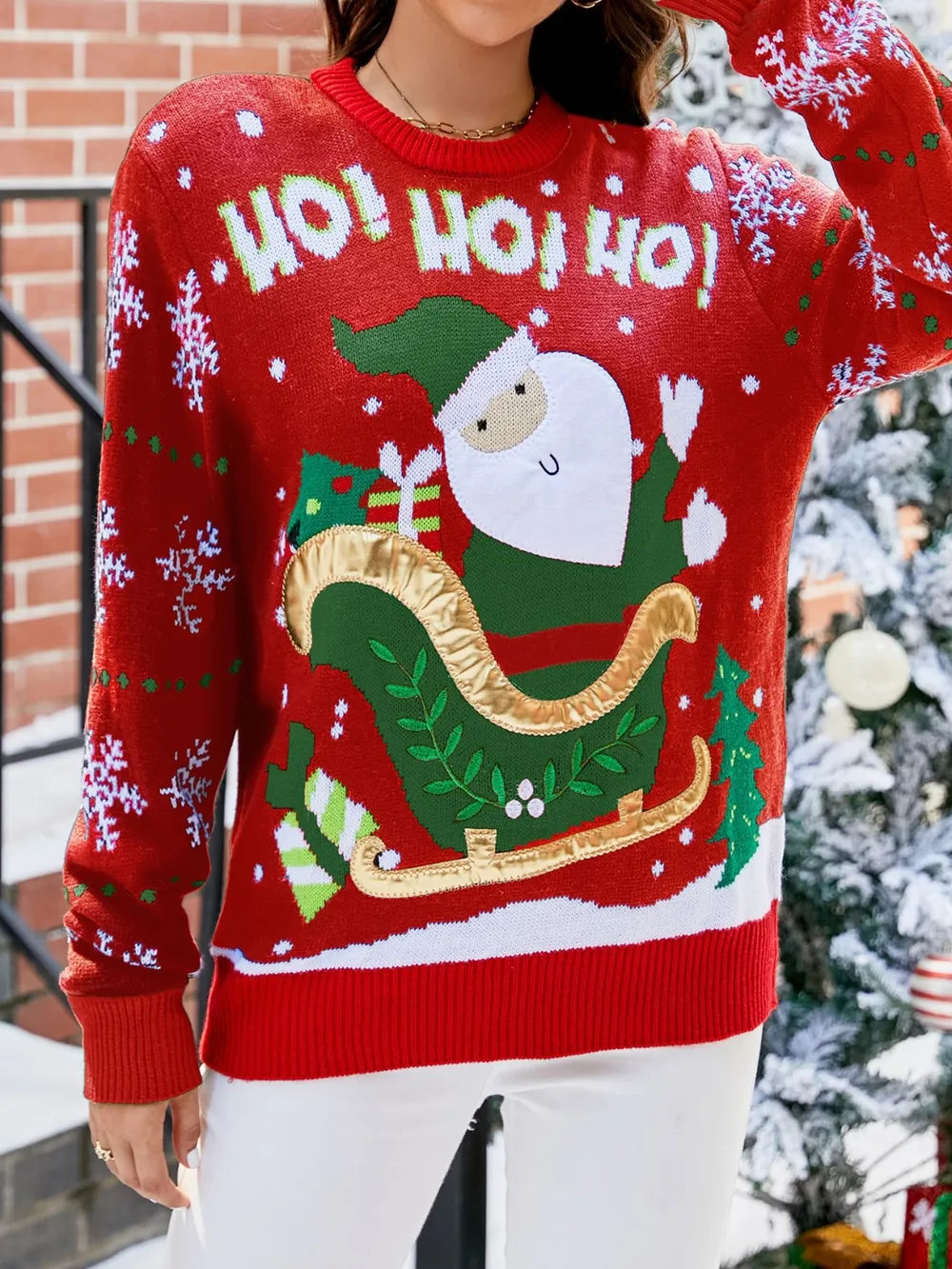 Santa Round Neck Long Sleeve Sweater - Maria de Fatima Andrade