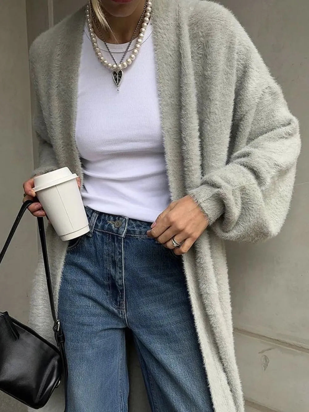 Fuzzy Open Front Solid Color Cardigan - Maria de Fatima Andrade