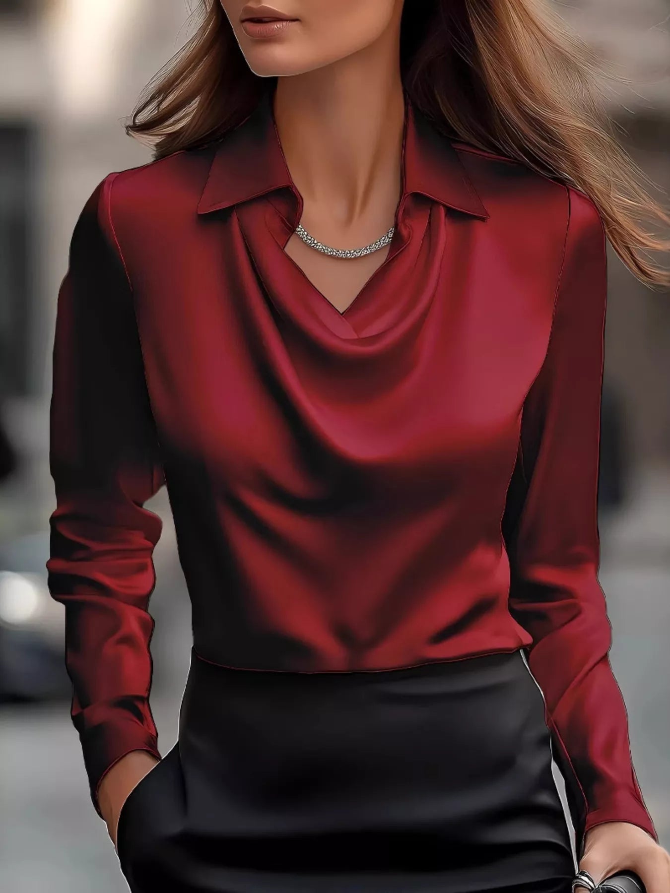 Full Size Satin Cowl Neck Long Sleeve Blouse Plus Size - Maria de Fatima Andrade