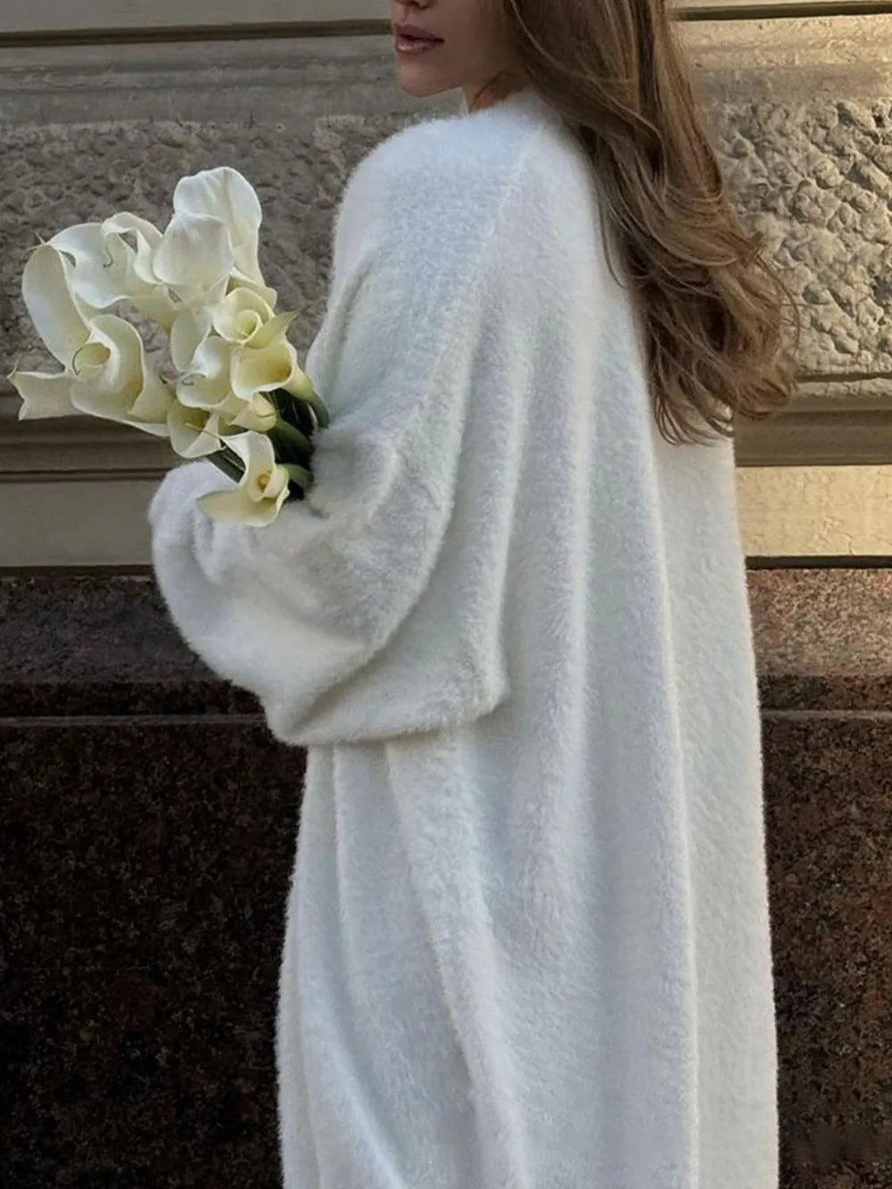 Fuzzy Open Front Solid Color Cardigan - Maria de Fatima Andrade
