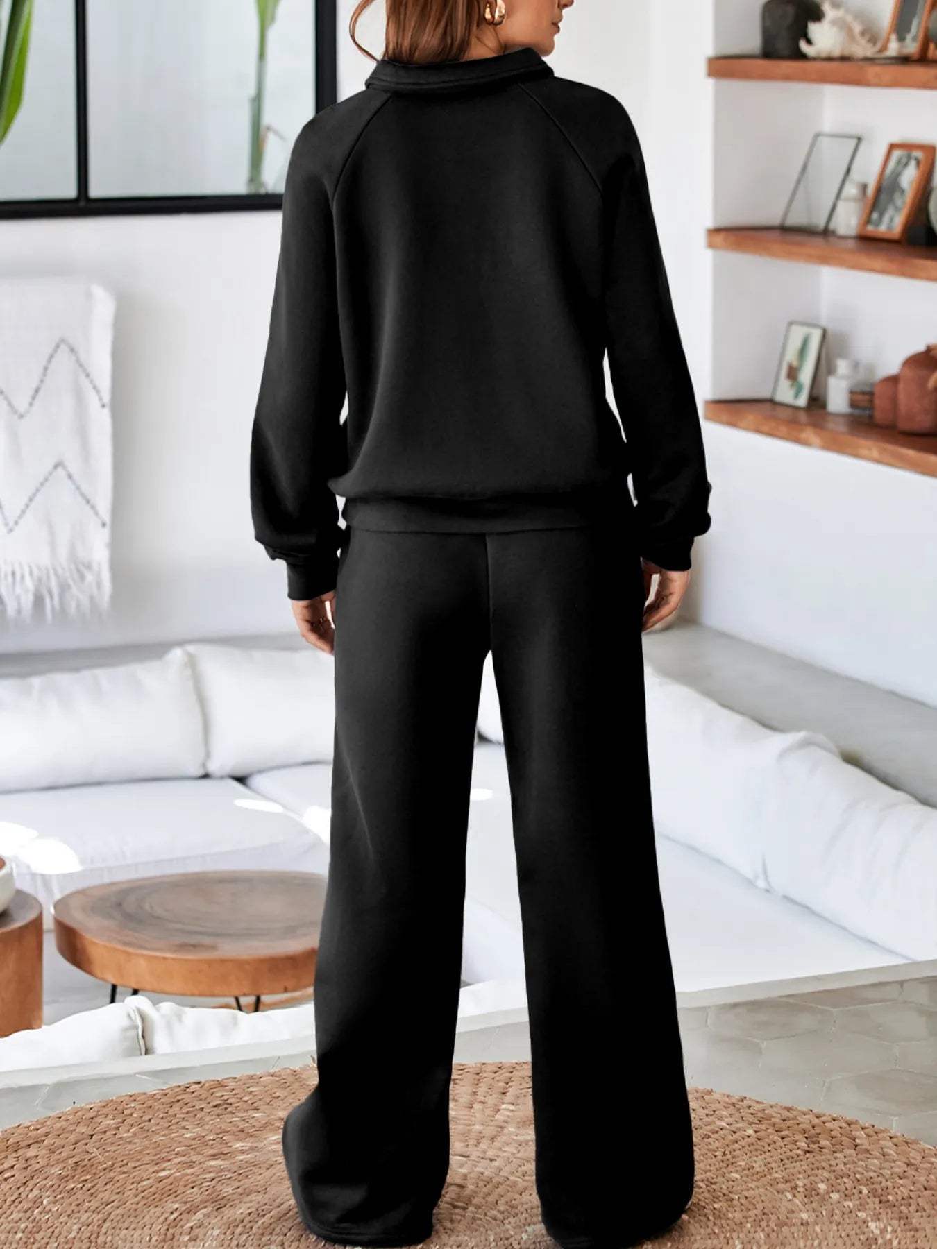 Collared Sweatshirt and High Waist Pants Active Set - Maria de Fatima Andrade