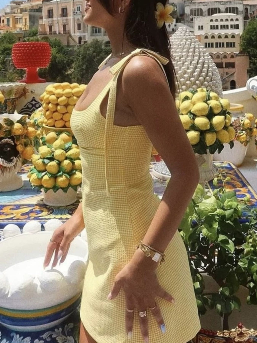 Gingham Tie-Shoulder Mini Dress - Maria de Fatima Andrade