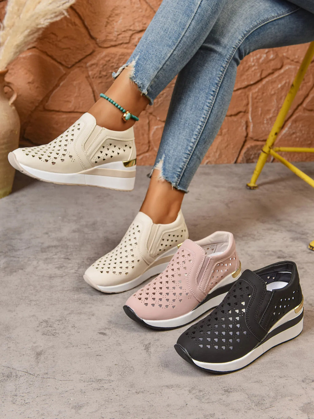 Breathable Cutout Wedge Sneakers - Maria de Fatima Andrade