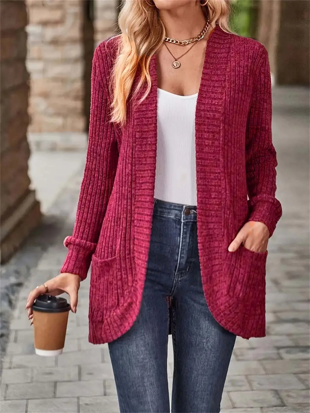 Ribbed Open Front Long Cardigan with Pockets - Maria de Fatima Andrade