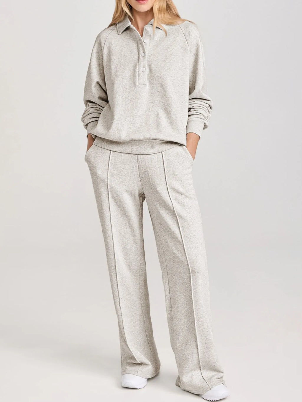 Collared Sweatshirt and High Waist Pants Active Set - Maria de Fatima Andrade
