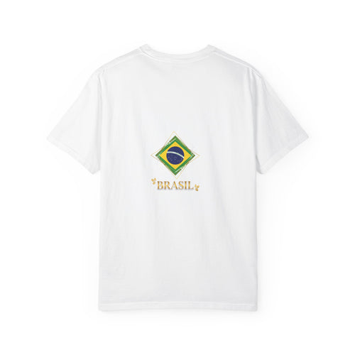 White crew-neck T-shirt with Brasil flag graphic on back