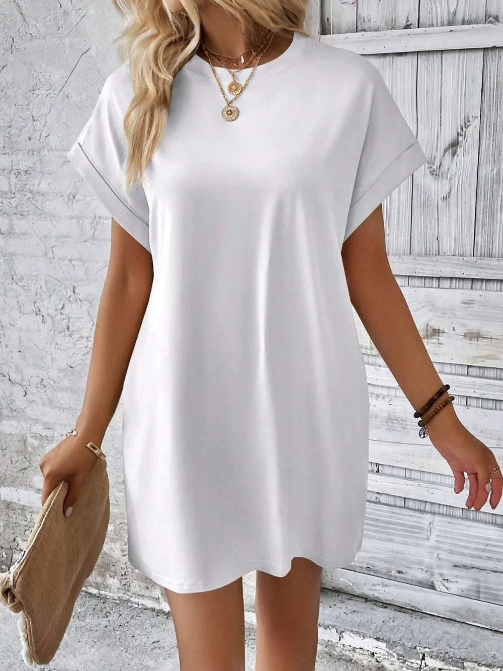 Round Neck Short Sleeve Mini Dress - Maria de Fatima Andrade