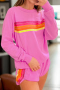 Full Size Contrast Striped Round Neck Top and Shorts Set - Maria de Fatima Andrade
