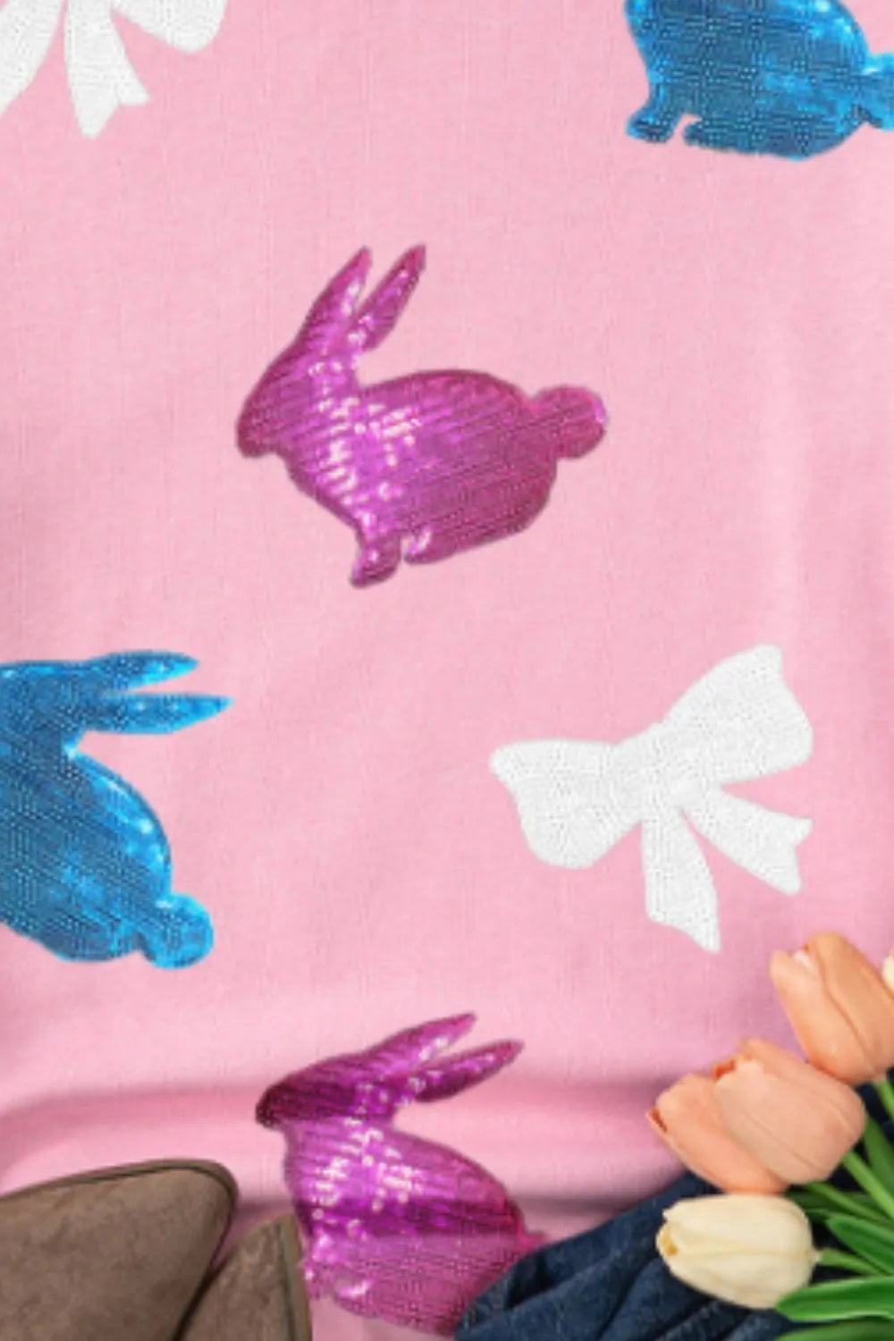 Easter Bunny Bow Knot Sequined Sweatshirt - Maria de Fatima Andrade