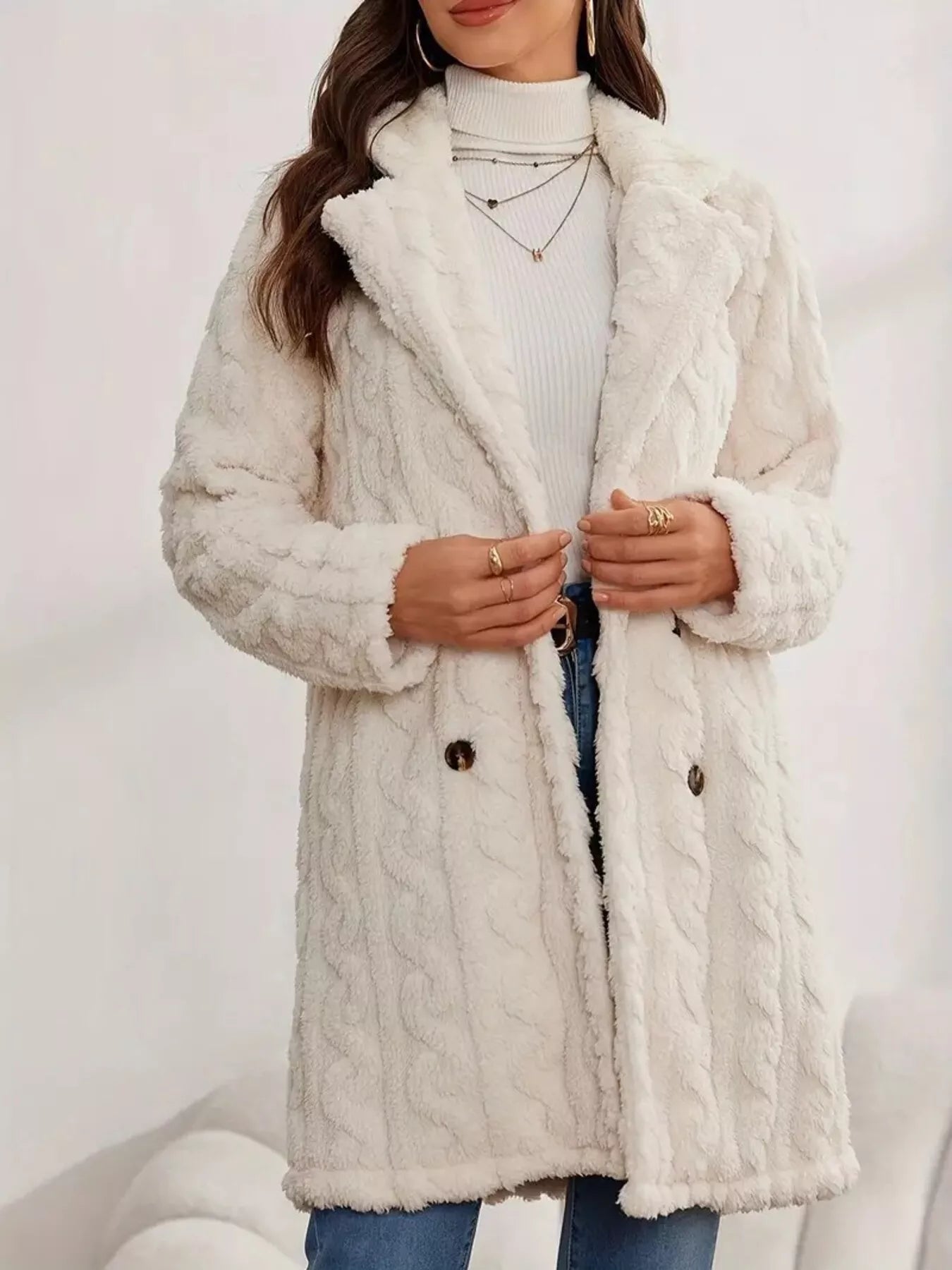 Double-Breasted Fleece Longline Coat - Maria de Fatima Andrade