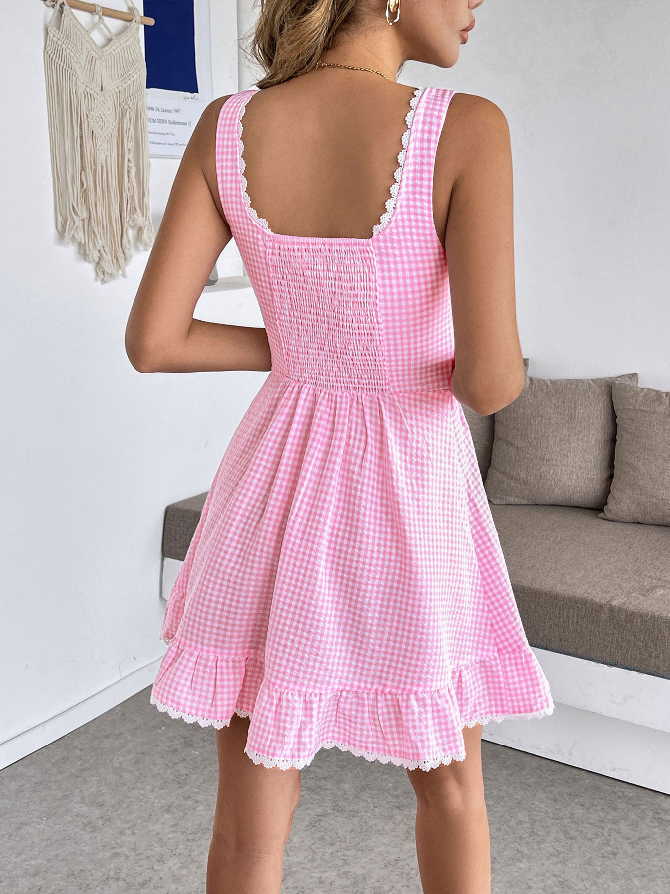 Gingham Lace Trim Mini Dress - Maria de Fatima Andrade