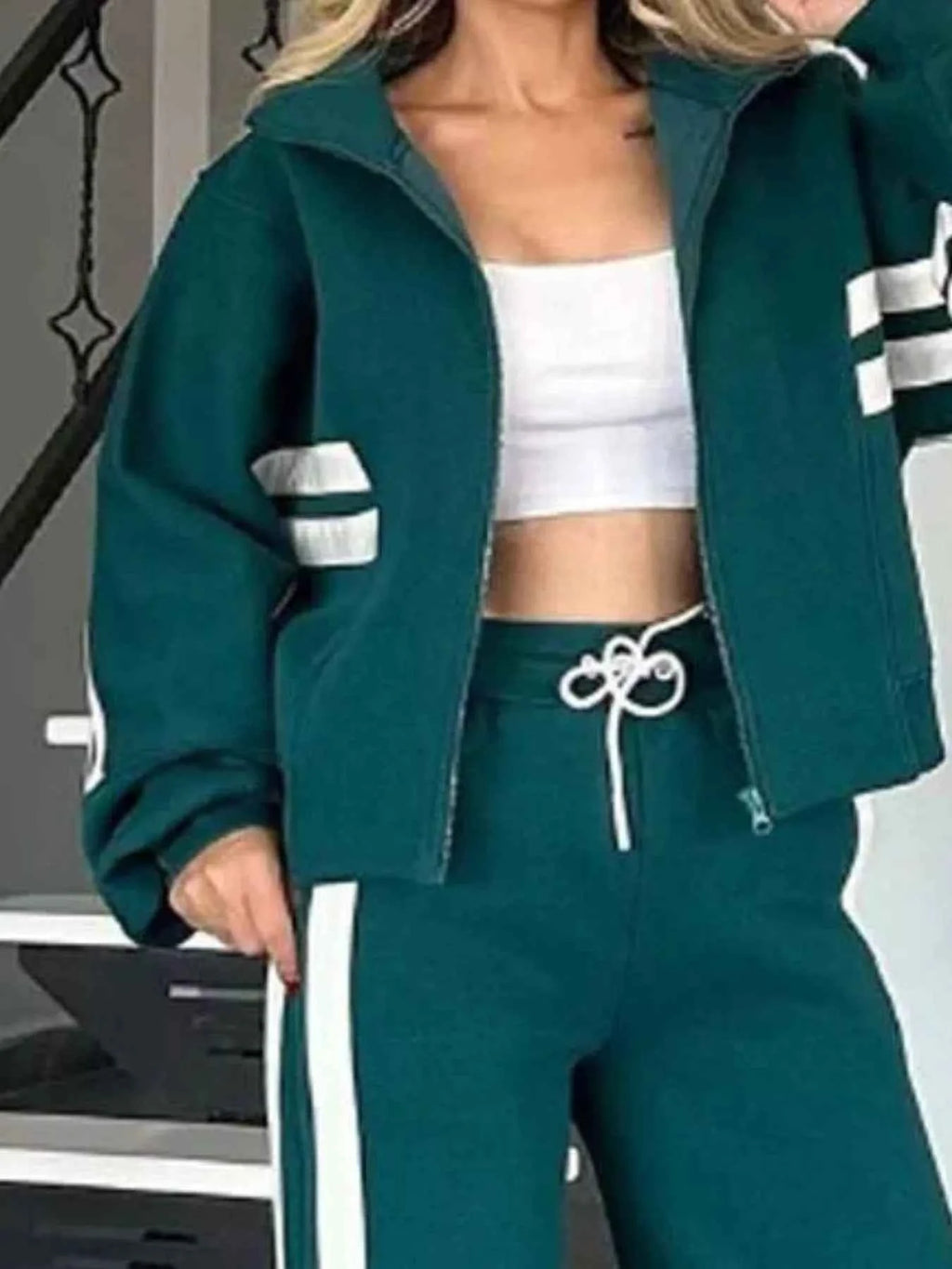 Contrast Stripe Zip-Up Jacket and Pants Set