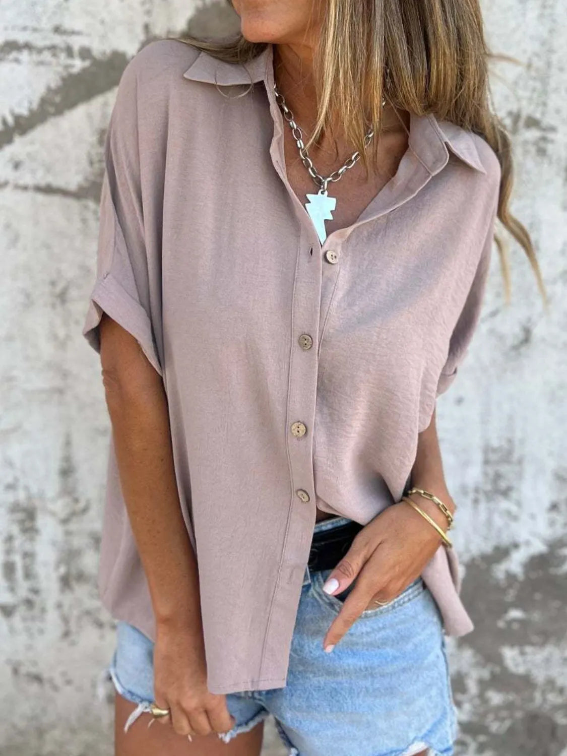 Full Size Collared Neck Half Sleeve Shirt Plus Size - Maria de Fatima Andrade