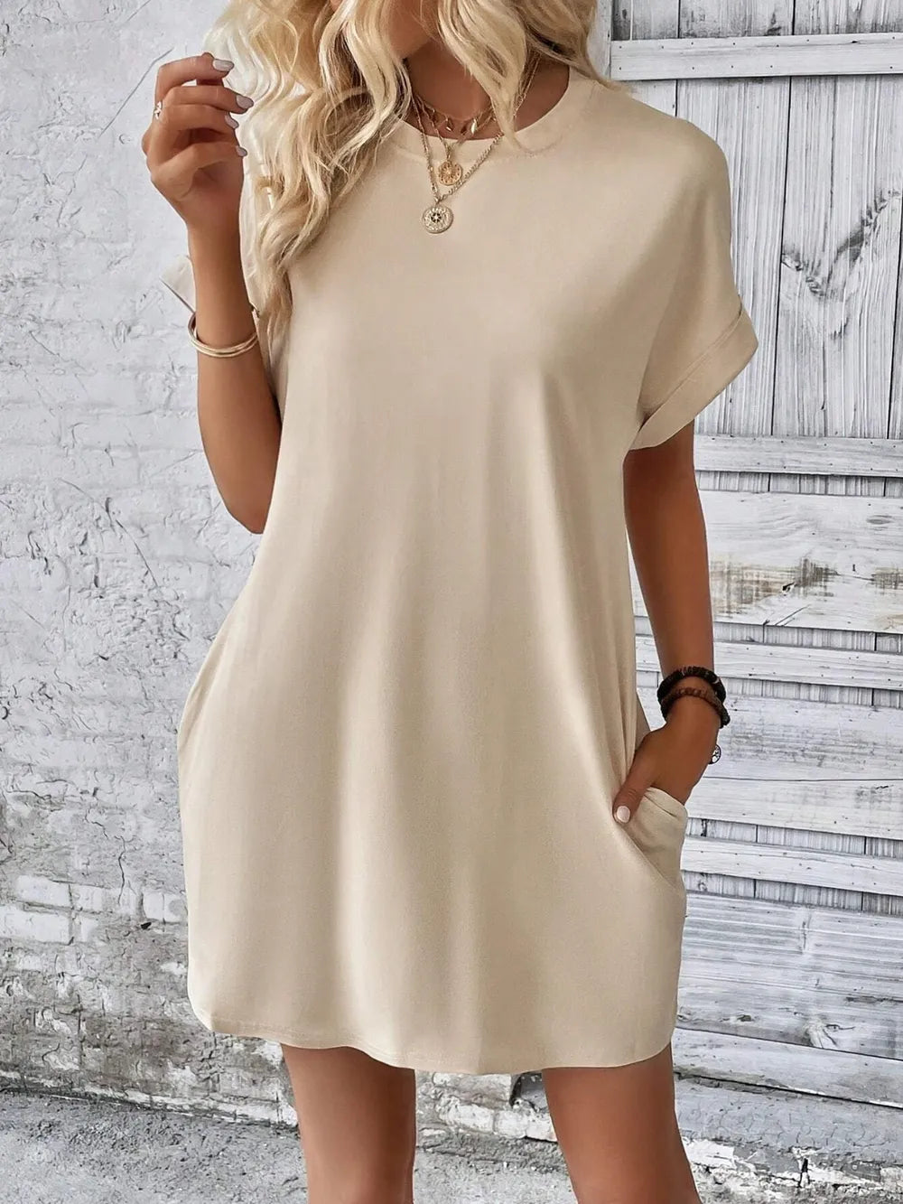 Round Neck Short Sleeve Mini Dress - Maria de Fatima Andrade