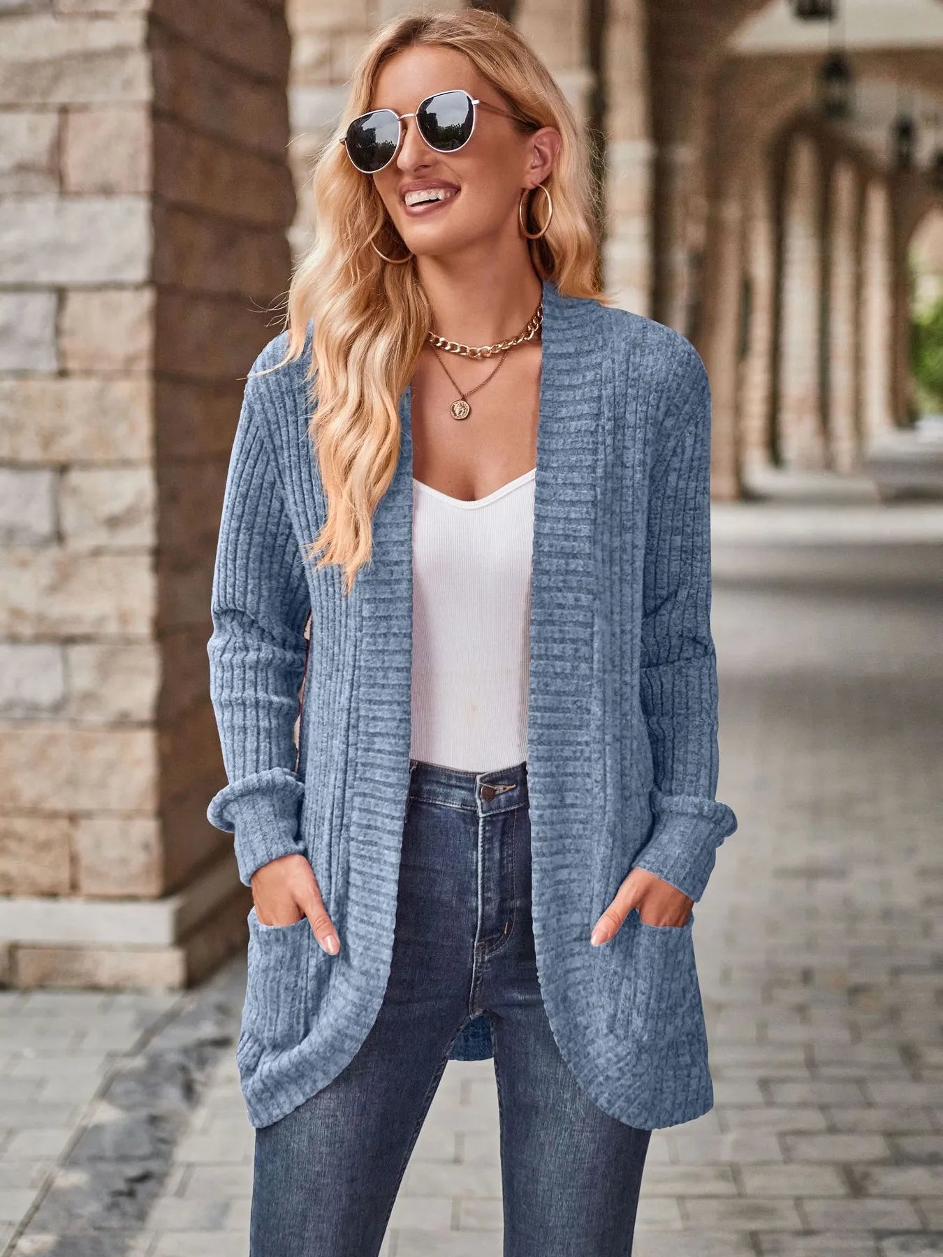 Ribbed Open Front Long Cardigan with Pockets - Maria de Fatima Andrade