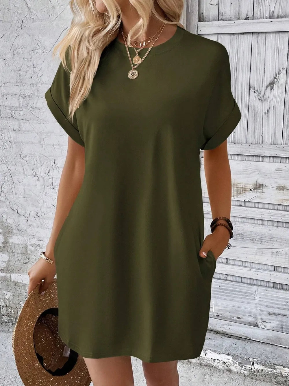 Round Neck Short Sleeve Mini Dress - Maria de Fatima Andrade
