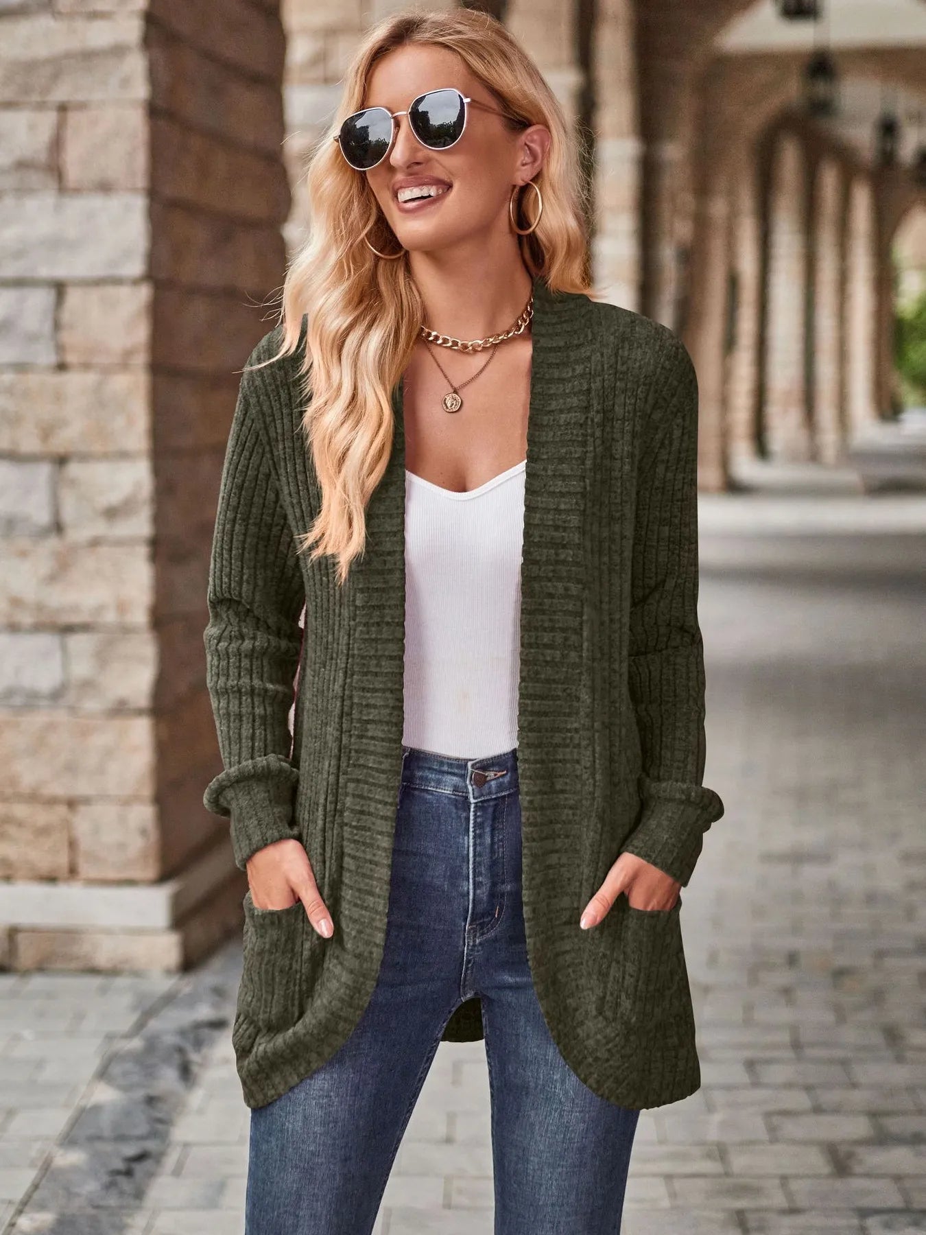 Ribbed Open Front Long Cardigan with Pockets - Maria de Fatima Andrade