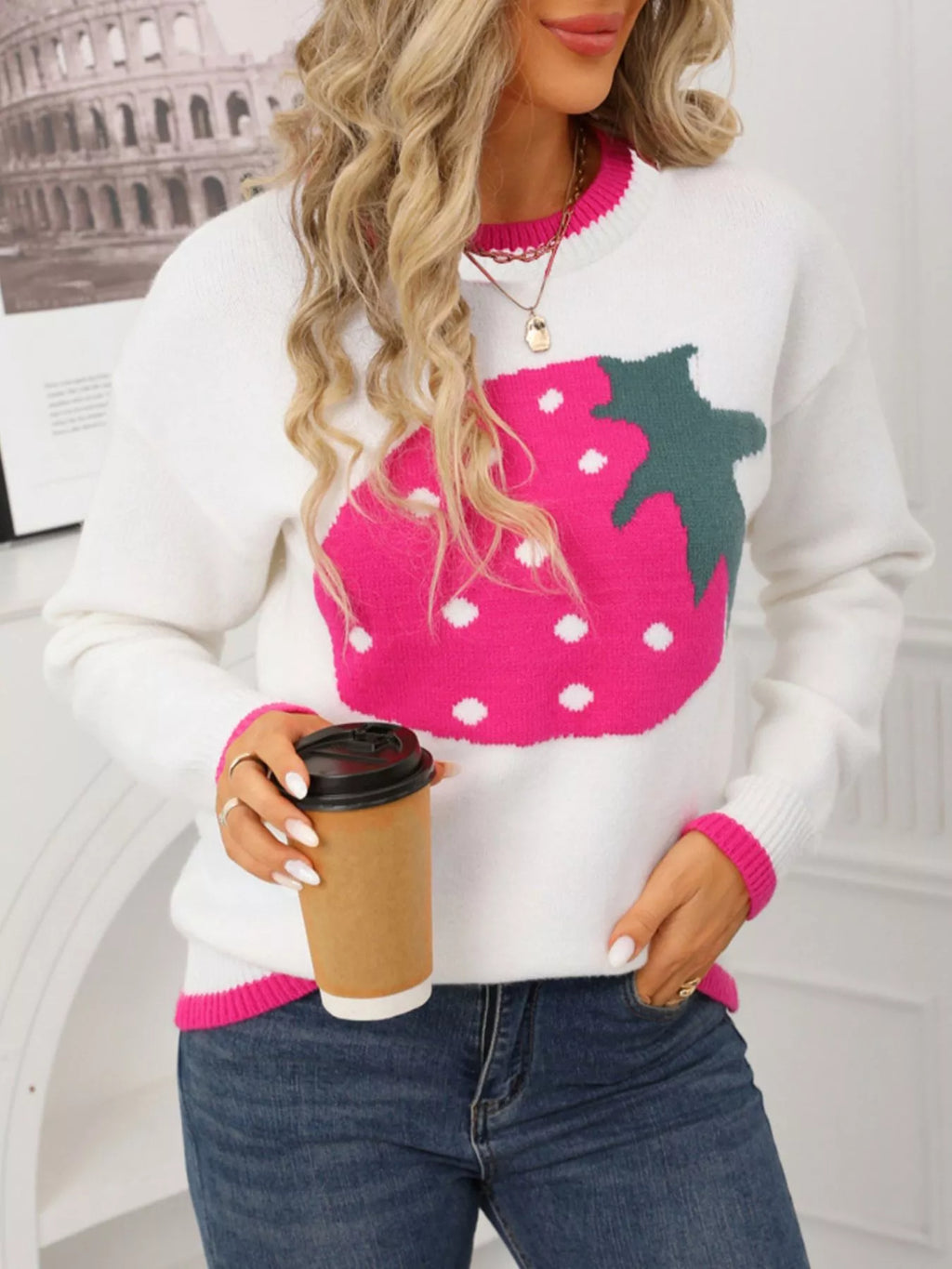 Strawberry Crew Neck Sweater - Maria de Fatima Andrade