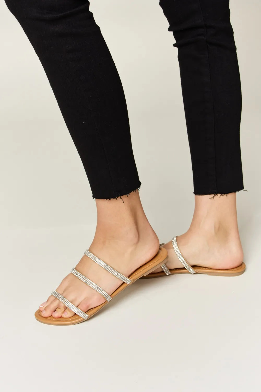 Wild Diva Rhinestone Three-Strap Flat Sandals - Maria de Fatima Andrade