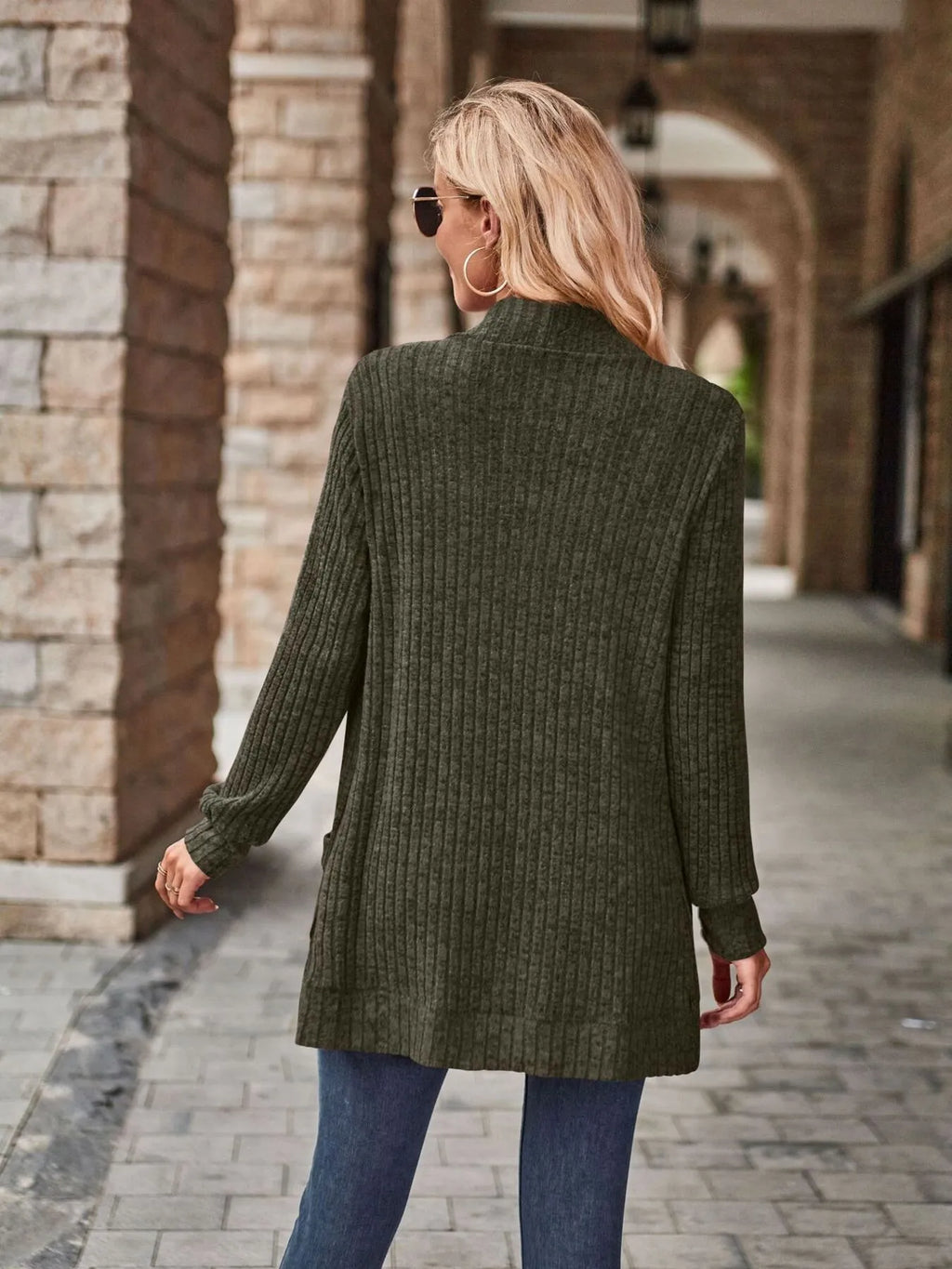 Ribbed Open Front Long Cardigan with Pockets - Maria de Fatima Andrade
