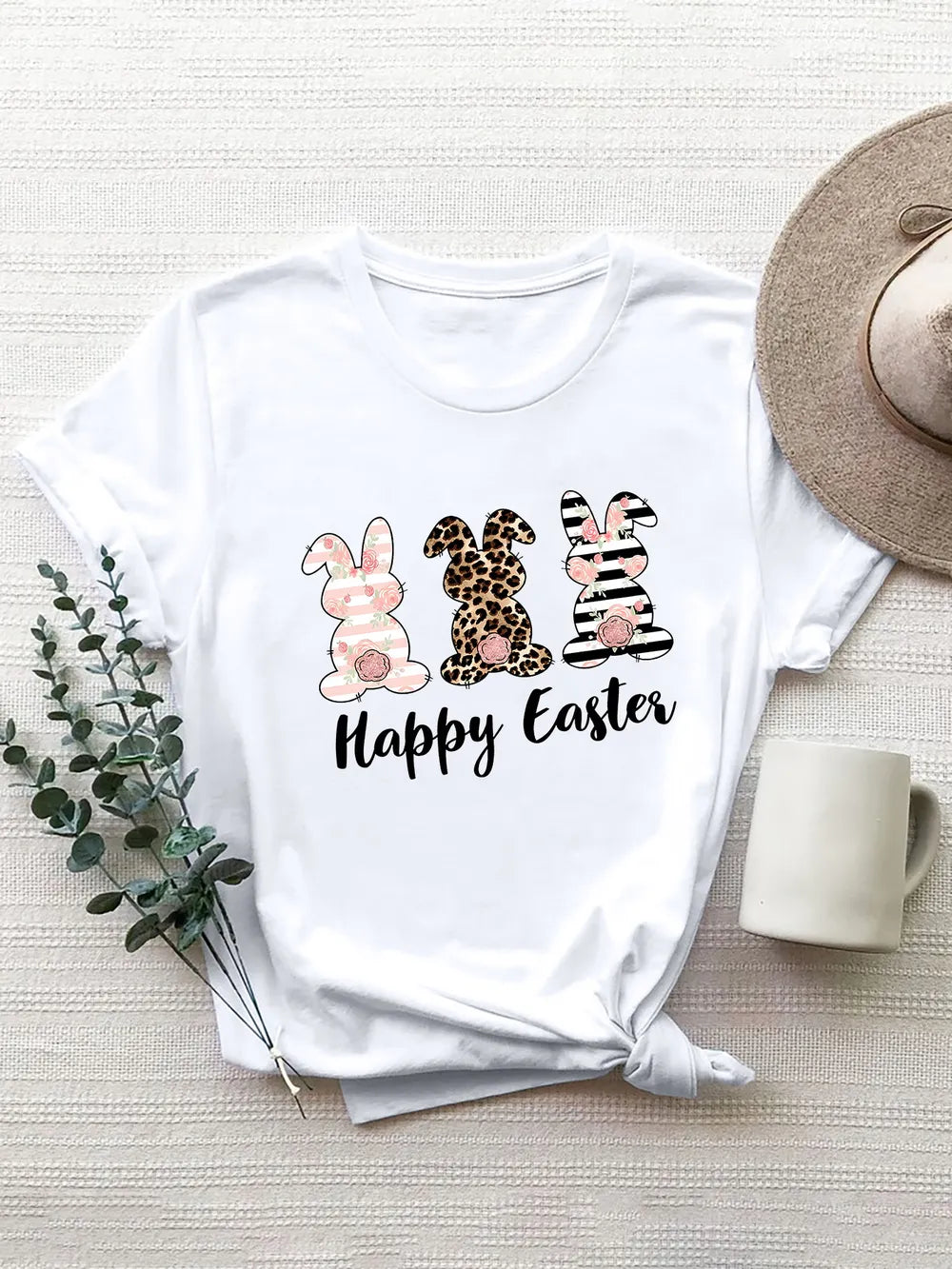 Happy Easter Round Neck Short Sleeve T-Shirt - Maria de Fatima Andrade