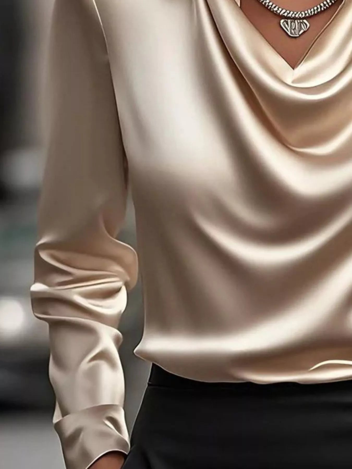 Full Size Satin Cowl Neck Long Sleeve Blouse Plus Size - Maria de Fatima Andrade
