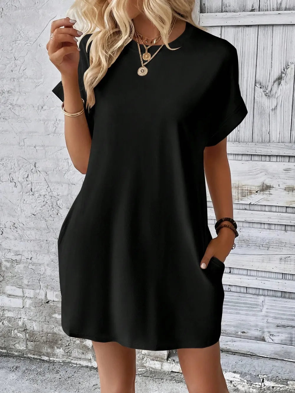 Round Neck Short Sleeve Mini Dress - Maria de Fatima Andrade