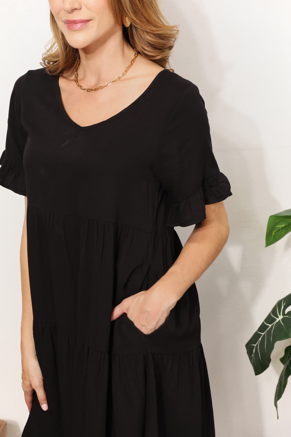 Mandy V-Neck Flounce Sleeve Tiered Dress - Maria de Fatima Andrade