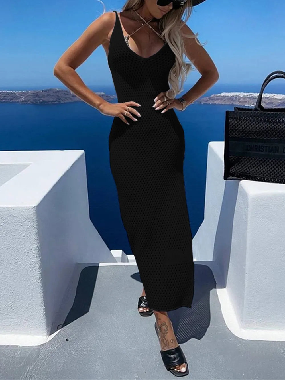 Slit Openwork V-Neck Sleeveless Cover Up - Maria de Fatima Andrade