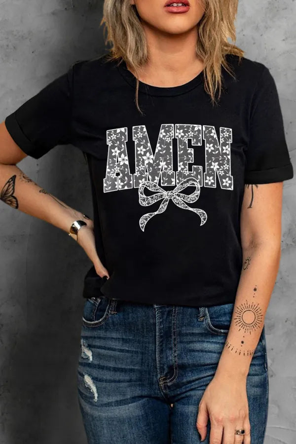 Amen Bow Round Neck Short Sleeve T-Shirt - Maria de Fatima Andrade