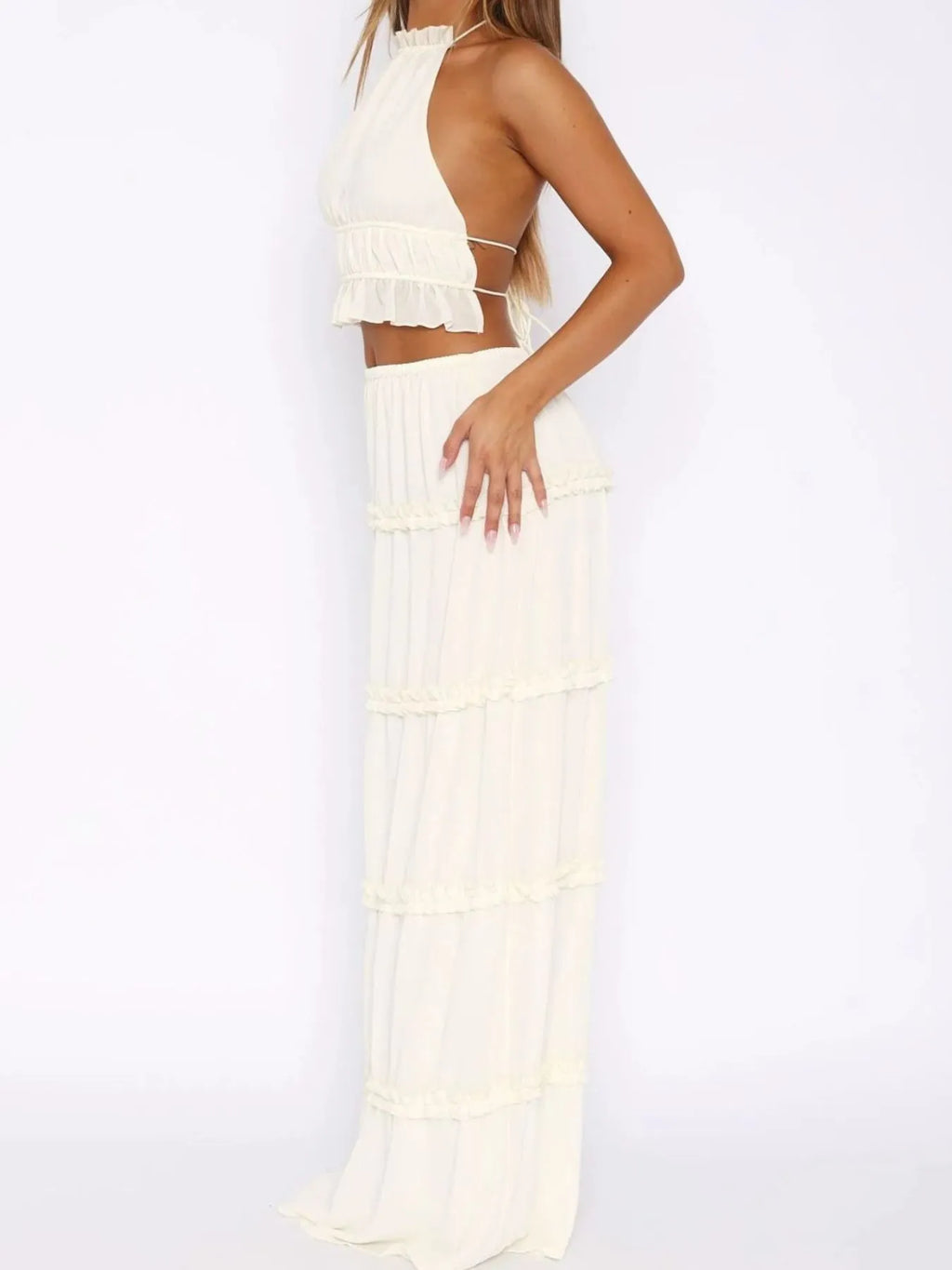 Halter Crop Backless Top and Maxi Skirt Set - Maria de Fatima Andrade