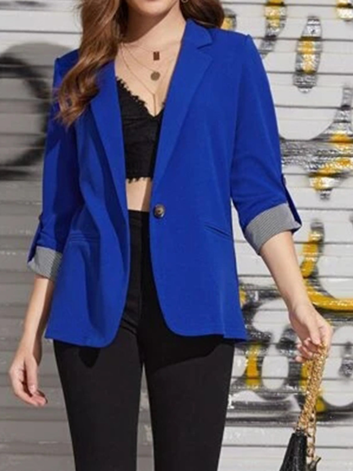 Lapel Collar Roll-Tab Sleeve Blazer - Maria de Fatima Andrade