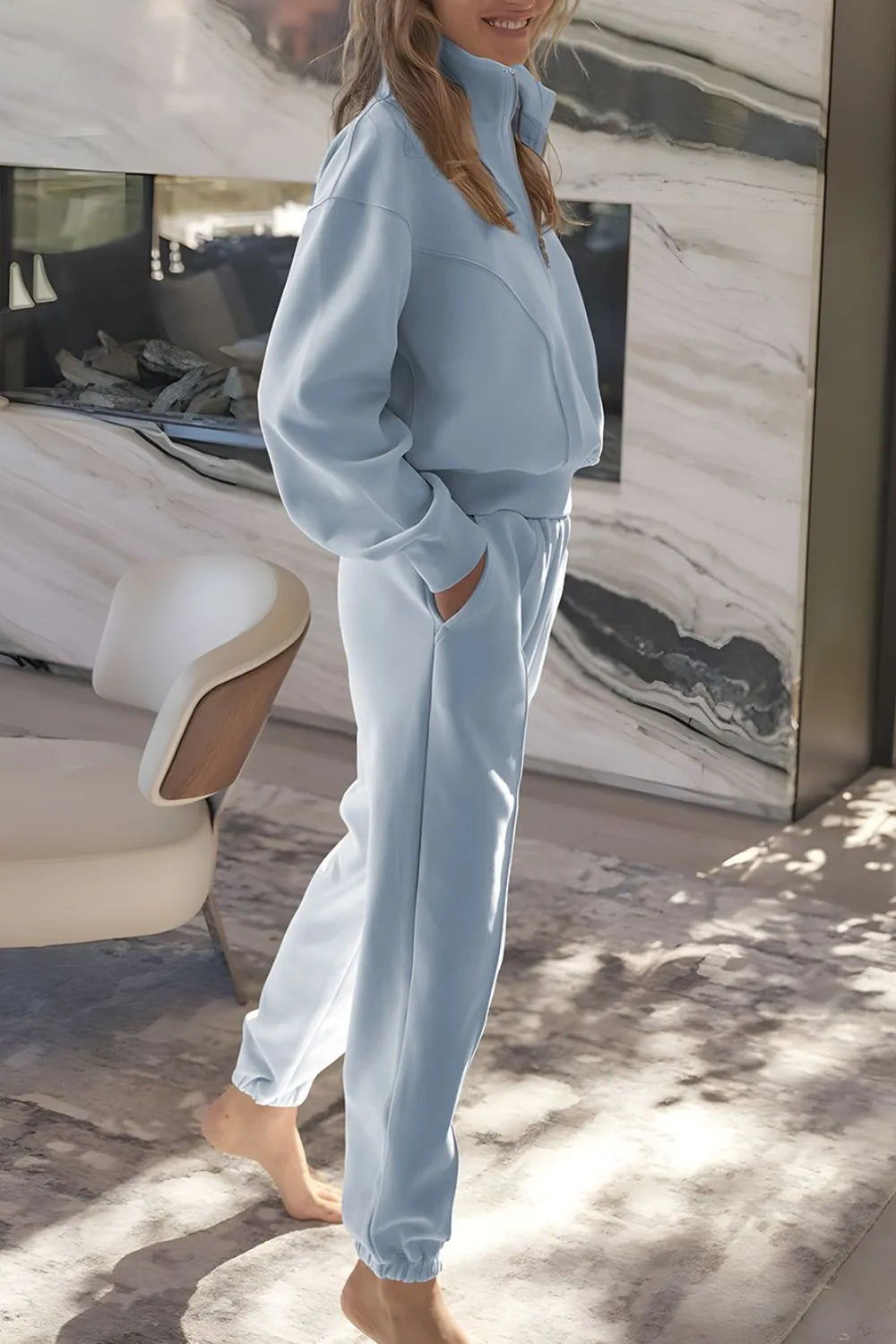 Half Zip Long Sleeve Top and Joggers Set - Maria de Fatima Andrade