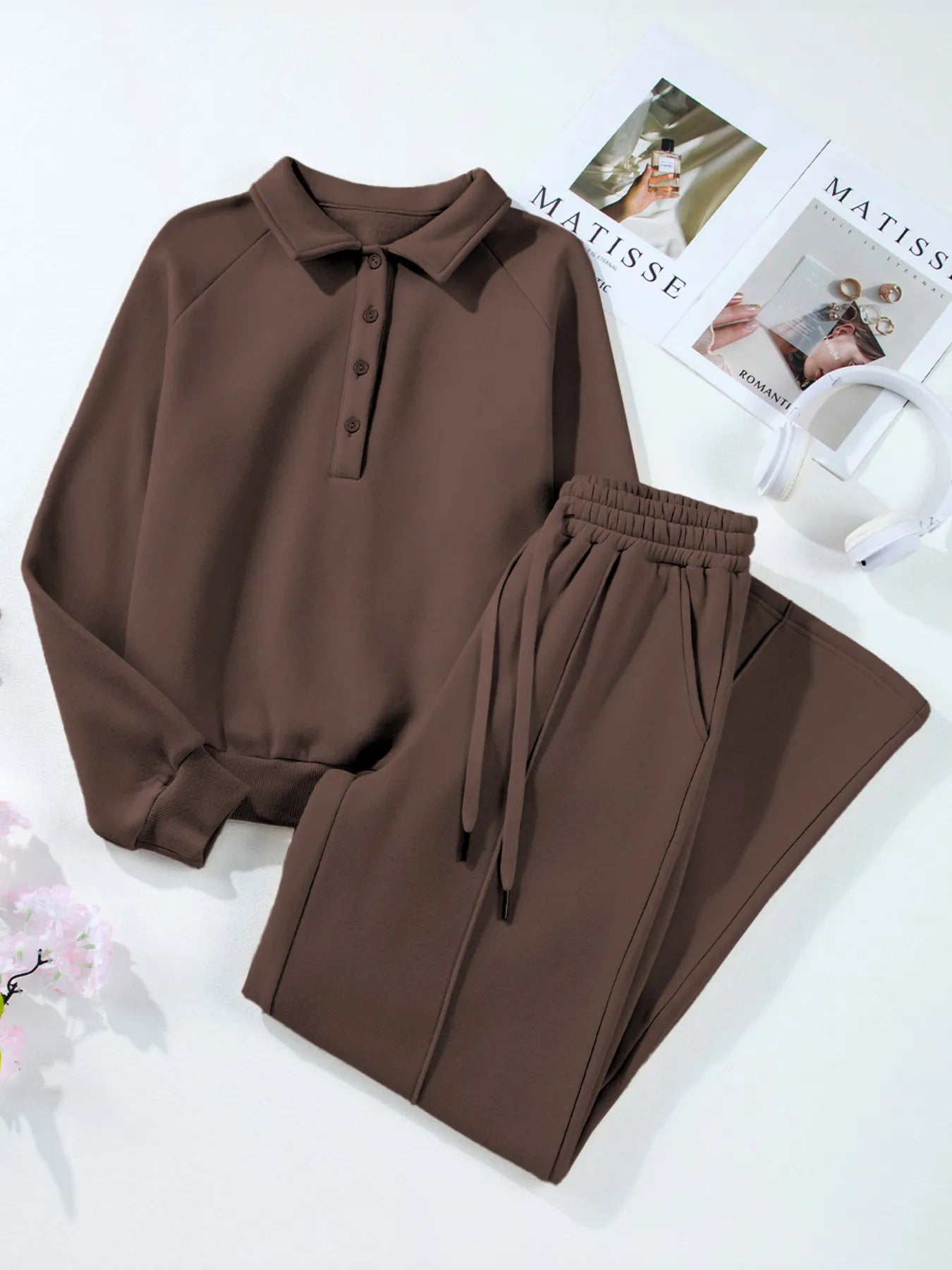 Collared Sweatshirt and High Waist Pants Active Set - Maria de Fatima Andrade