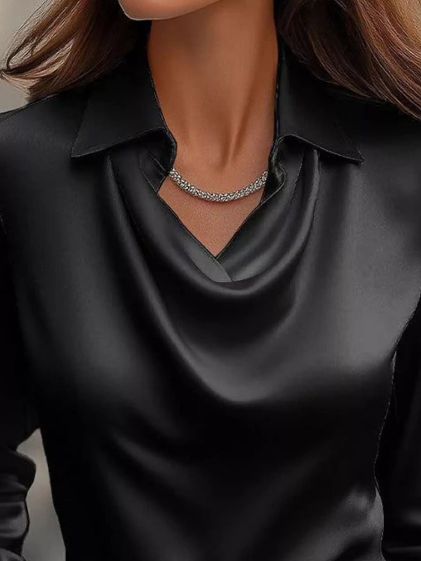 Full Size Satin Cowl Neck Long Sleeve Blouse Plus Size - Maria de Fatima Andrade