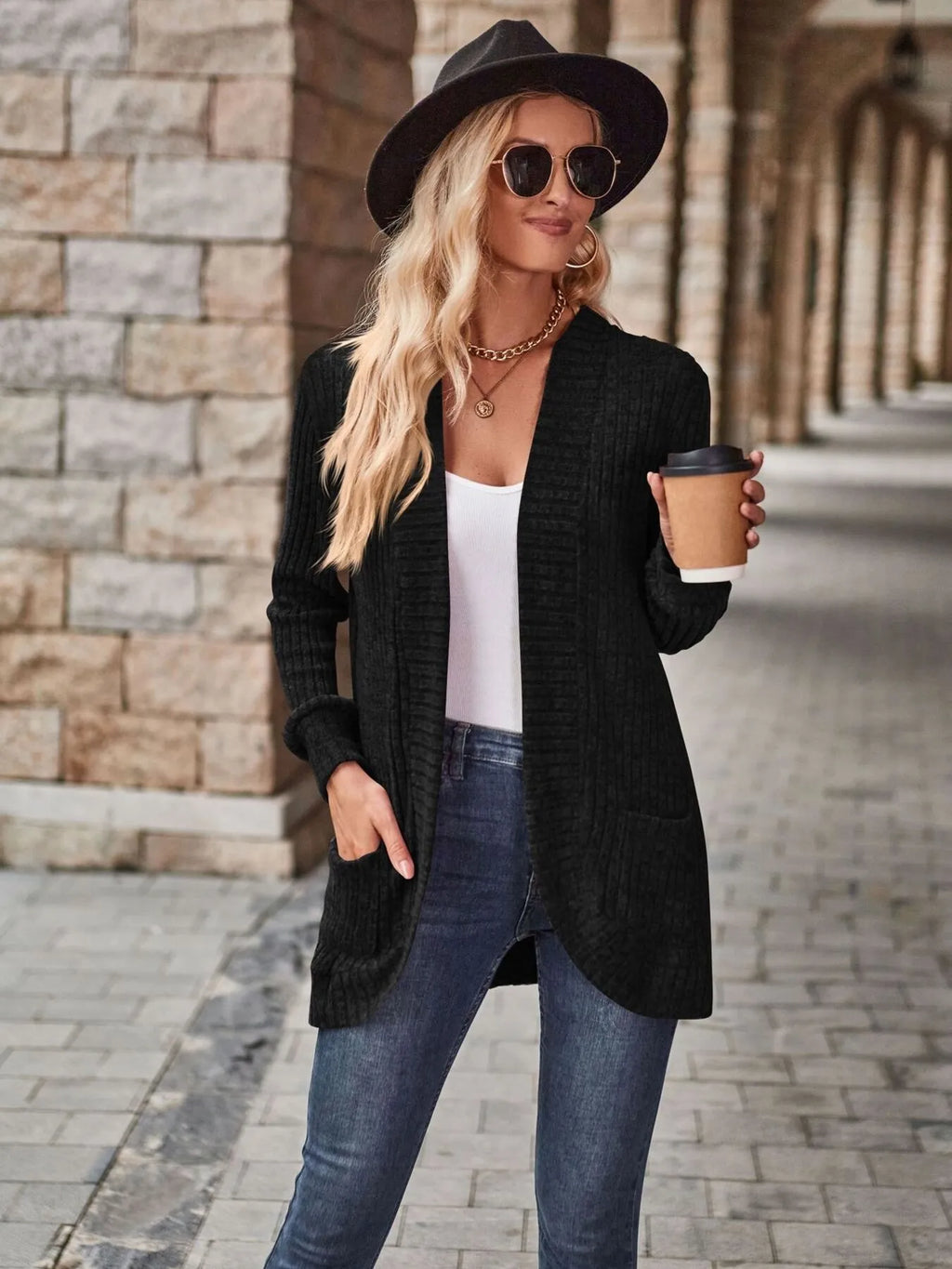 Ribbed Open Front Long Cardigan with Pockets - Maria de Fatima Andrade